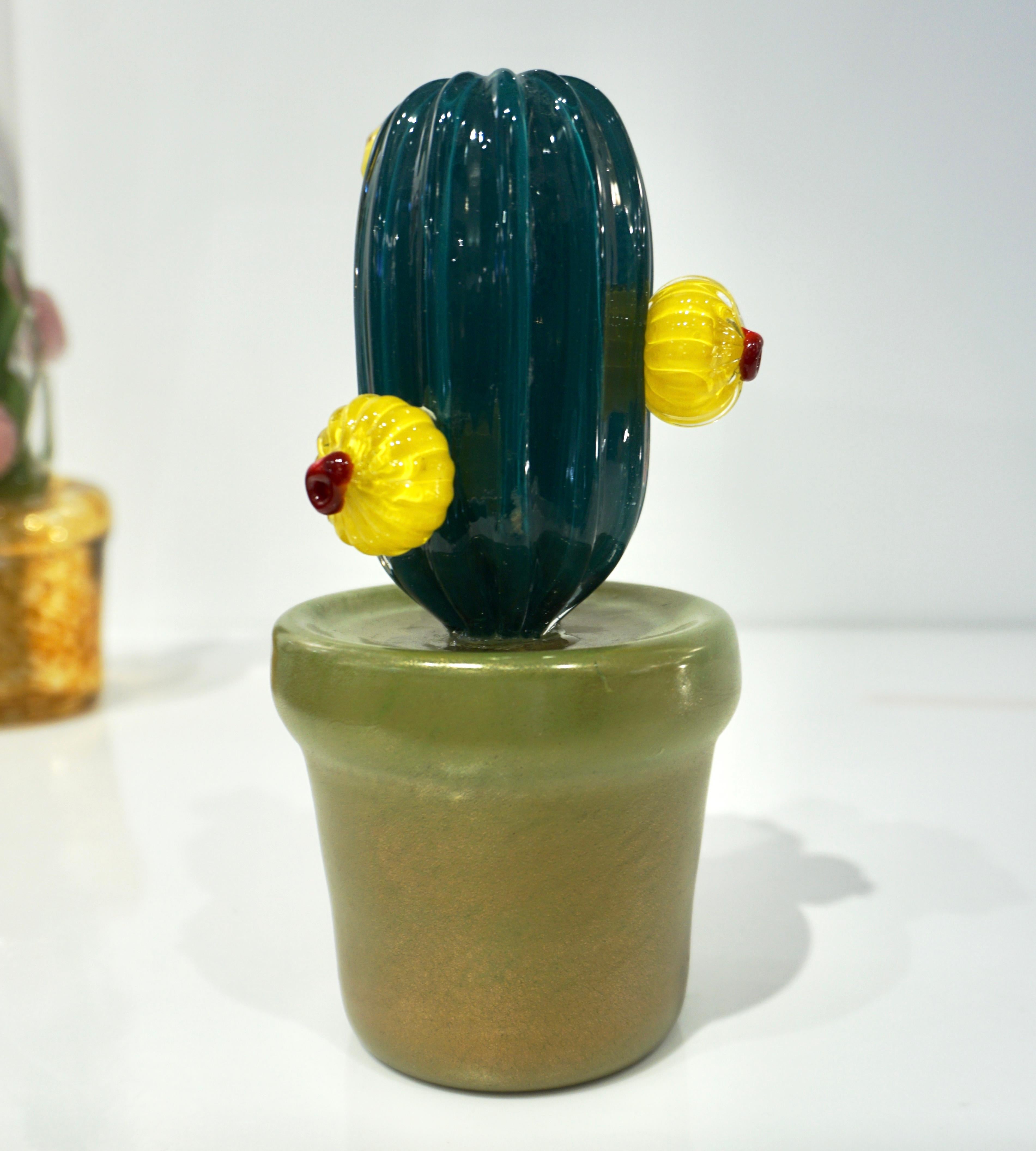Hand-Crafted 2000s Italian Teal Gold Green Murano Art Glass Cactus Plant with Yellow Flowers For Sale