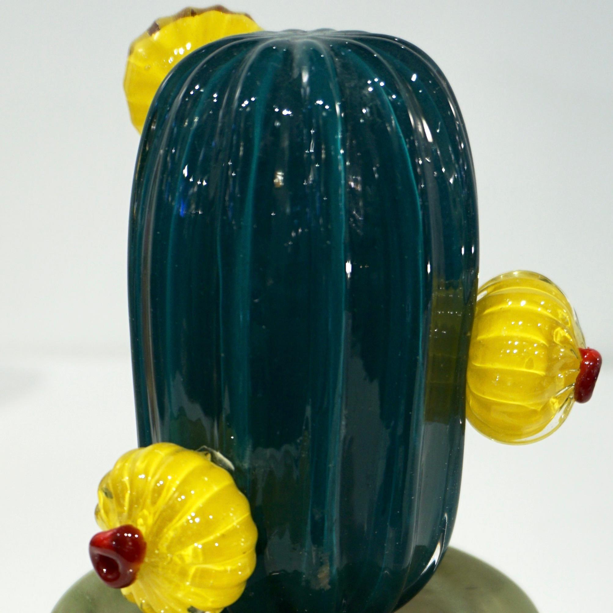 2000s Italian Teal Gold Green Murano Art Glass Cactus Plant with Yellow Flowers In Excellent Condition For Sale In New York, NY