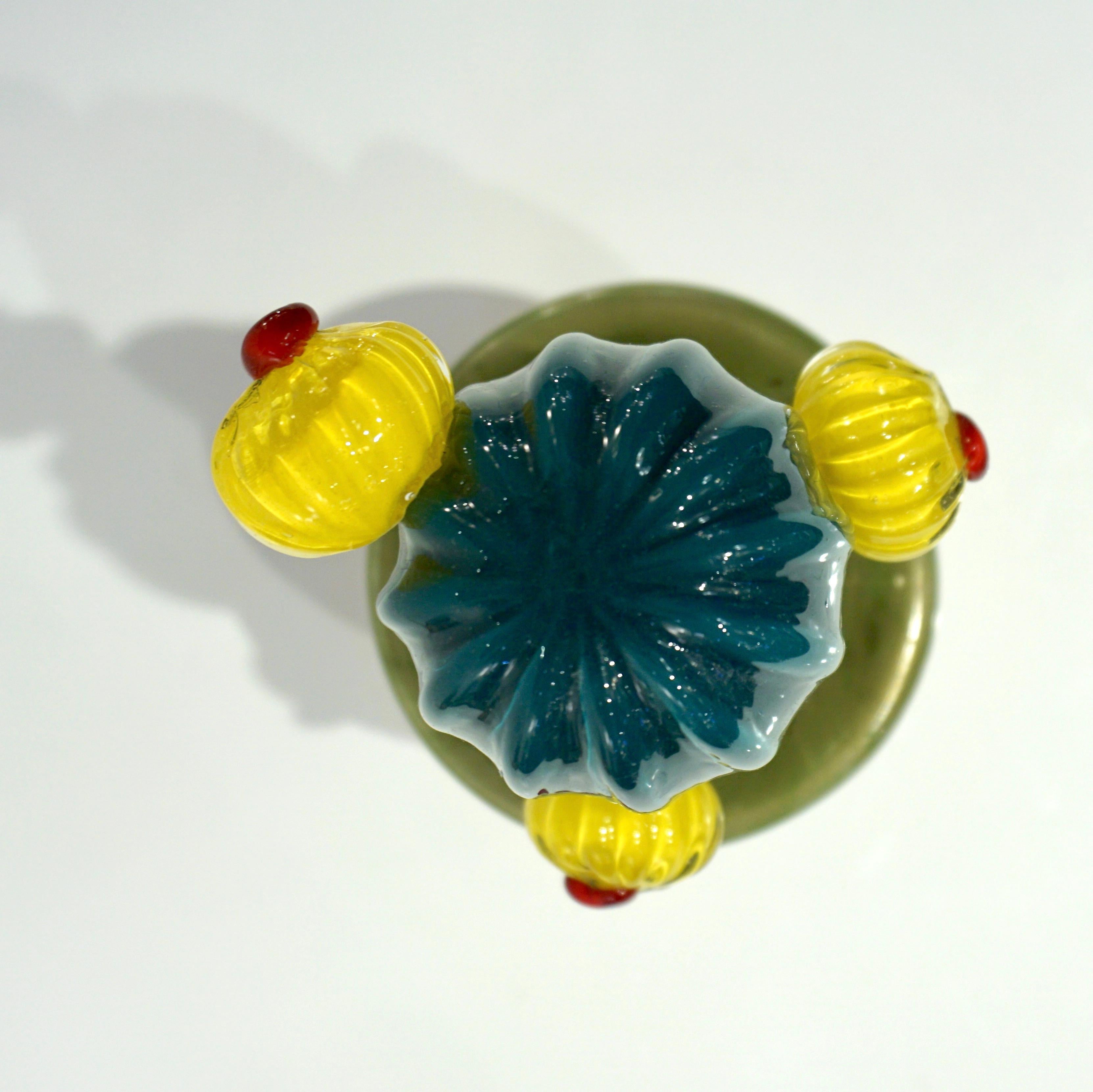 Contemporary 2000s Italian Teal Gold Green Murano Art Glass Cactus Plant with Yellow Flowers For Sale
