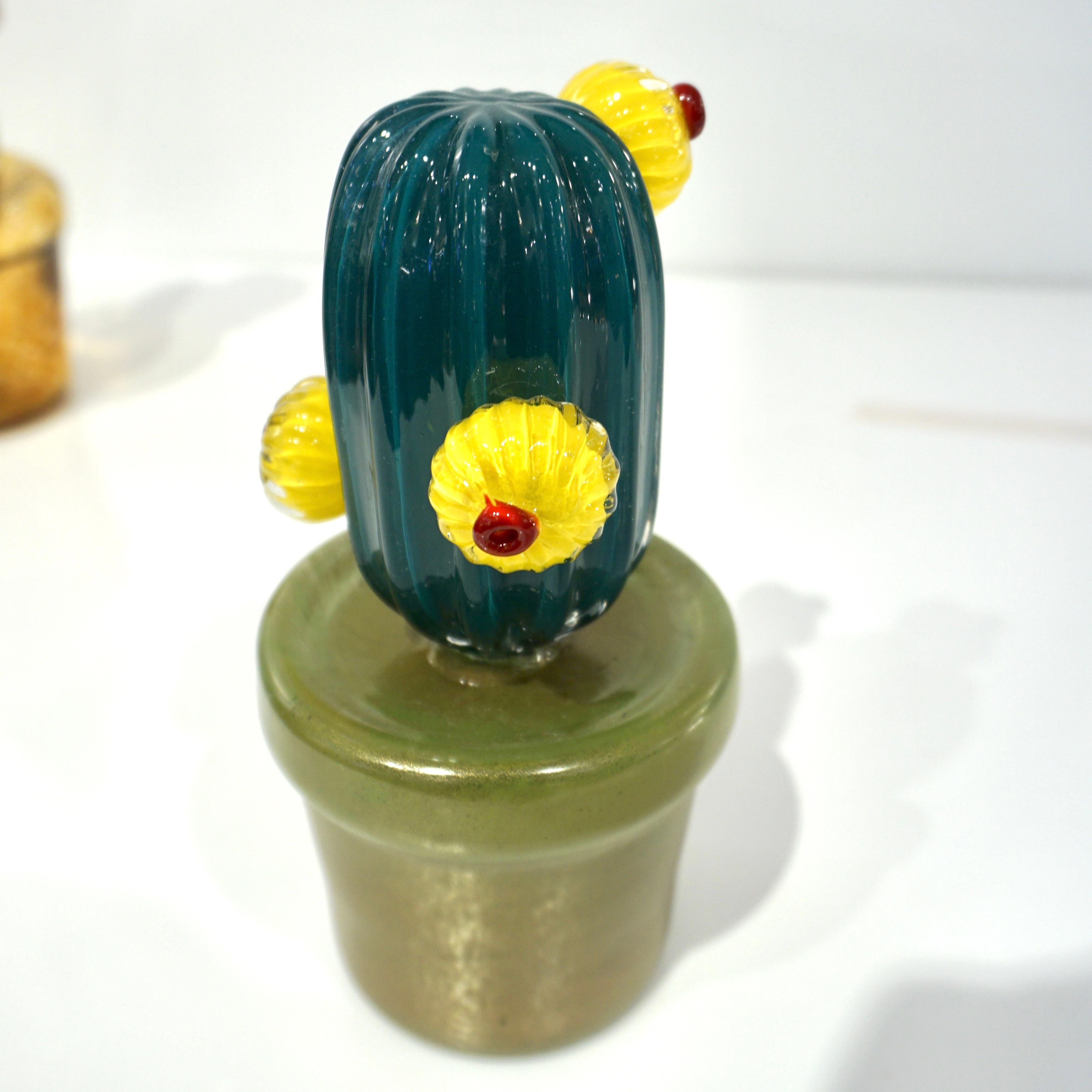 2000s Italian Teal Gold Green Murano Art Glass Cactus Plant with Yellow Flowers For Sale 1