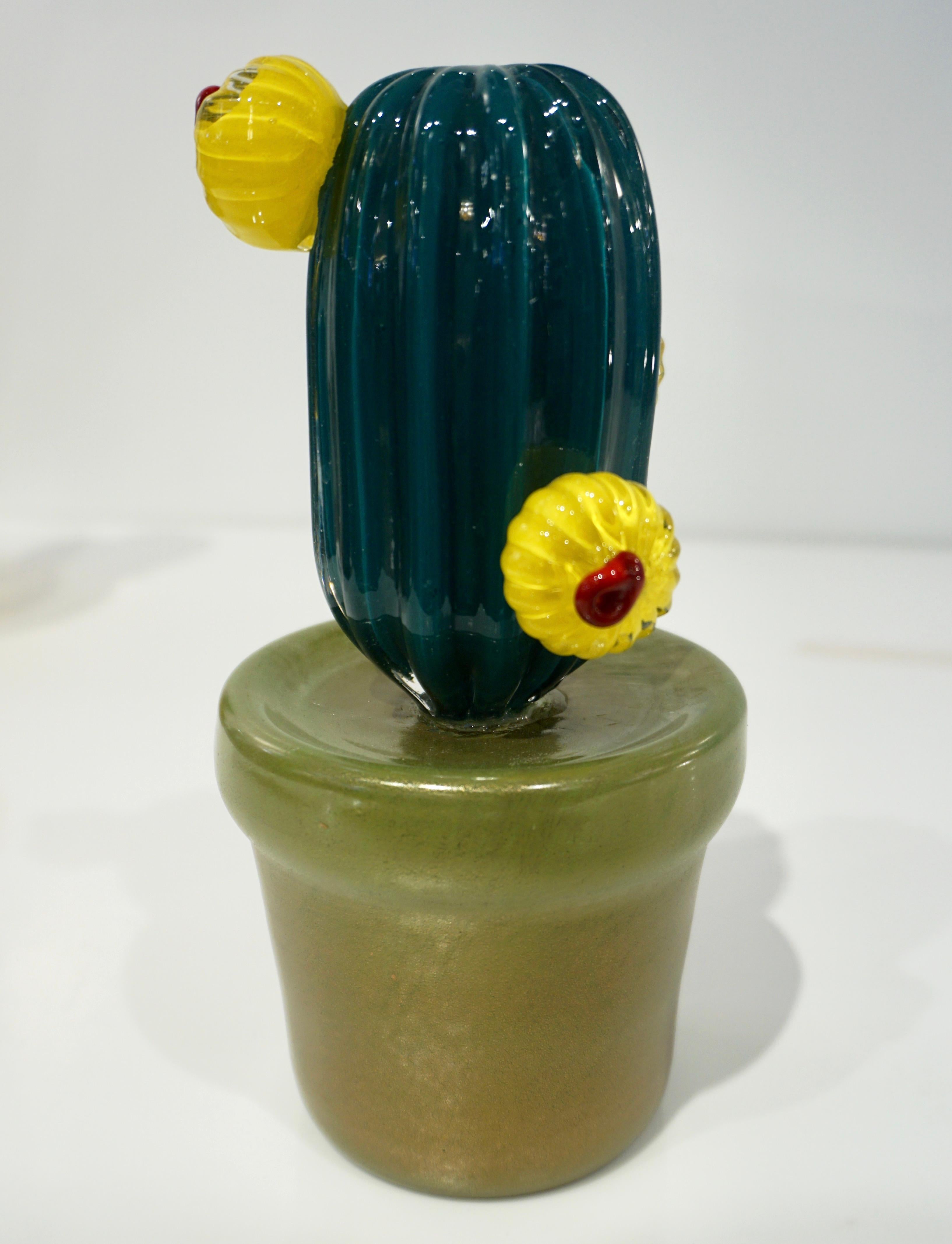 2000s Italian Teal Gold Green Murano Art Glass Cactus Plant with Yellow Flowers For Sale 3