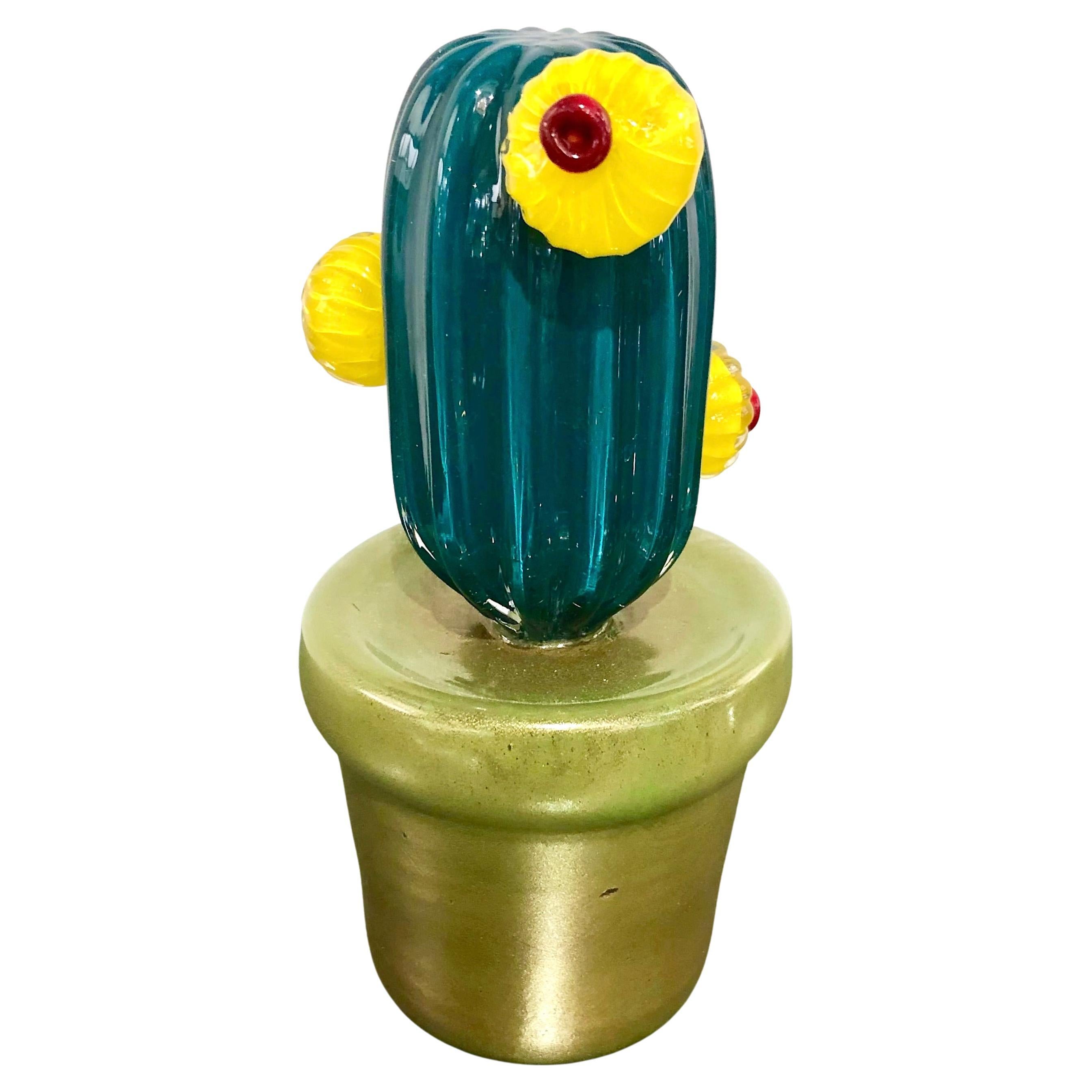 2000s Italian Teal Gold Green Murano Art Glass Cactus Plant with Yellow Flowers For Sale