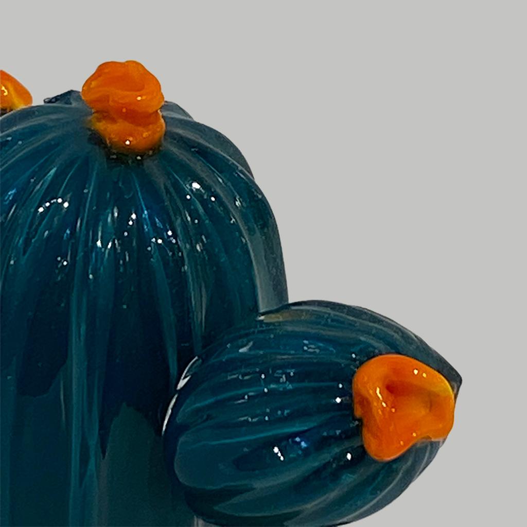 2000s Italian Teal Green Gold Murano Art Glass Cactus Plant with Orange Flowers For Sale 5