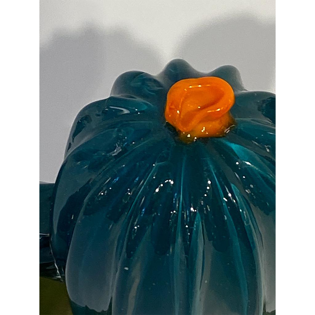 2000s Italian Teal Green Gold Murano Art Glass Cactus Plant with Orange Flowers For Sale 6