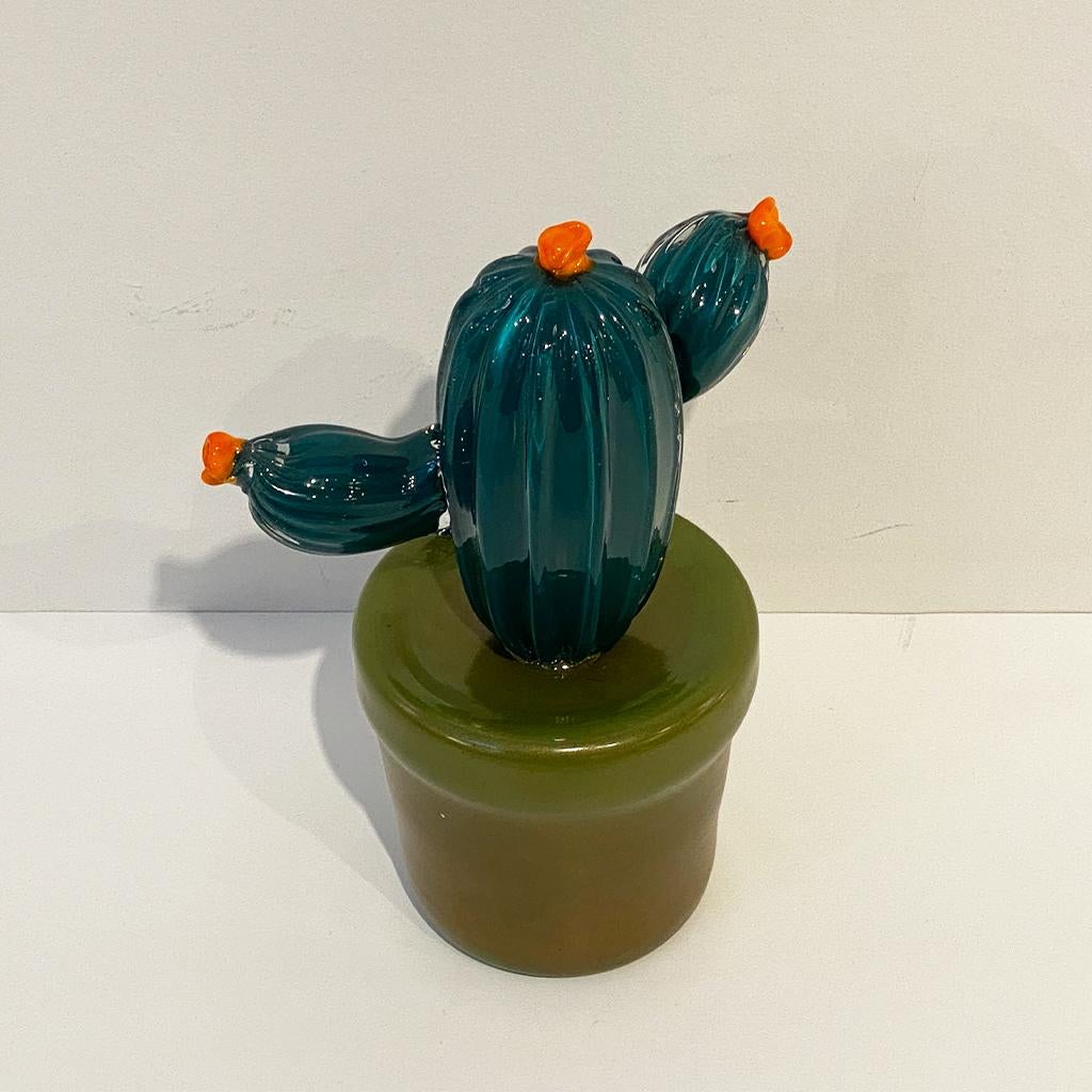 2000s Italian Teal Green Gold Murano Art Glass Cactus Plant with Orange Flowers For Sale 7