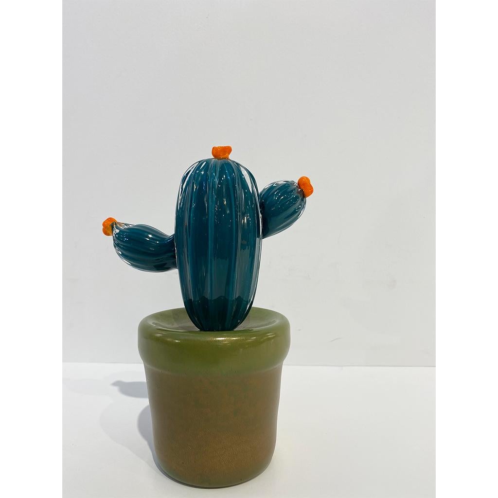 2000s Italian Teal Green Gold Murano Art Glass Cactus Plant with Orange Flowers For Sale 8