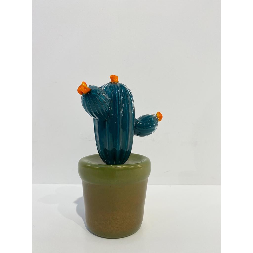 2000s Italian Teal Green Gold Murano Art Glass Cactus Plant with Orange Flowers For Sale 11
