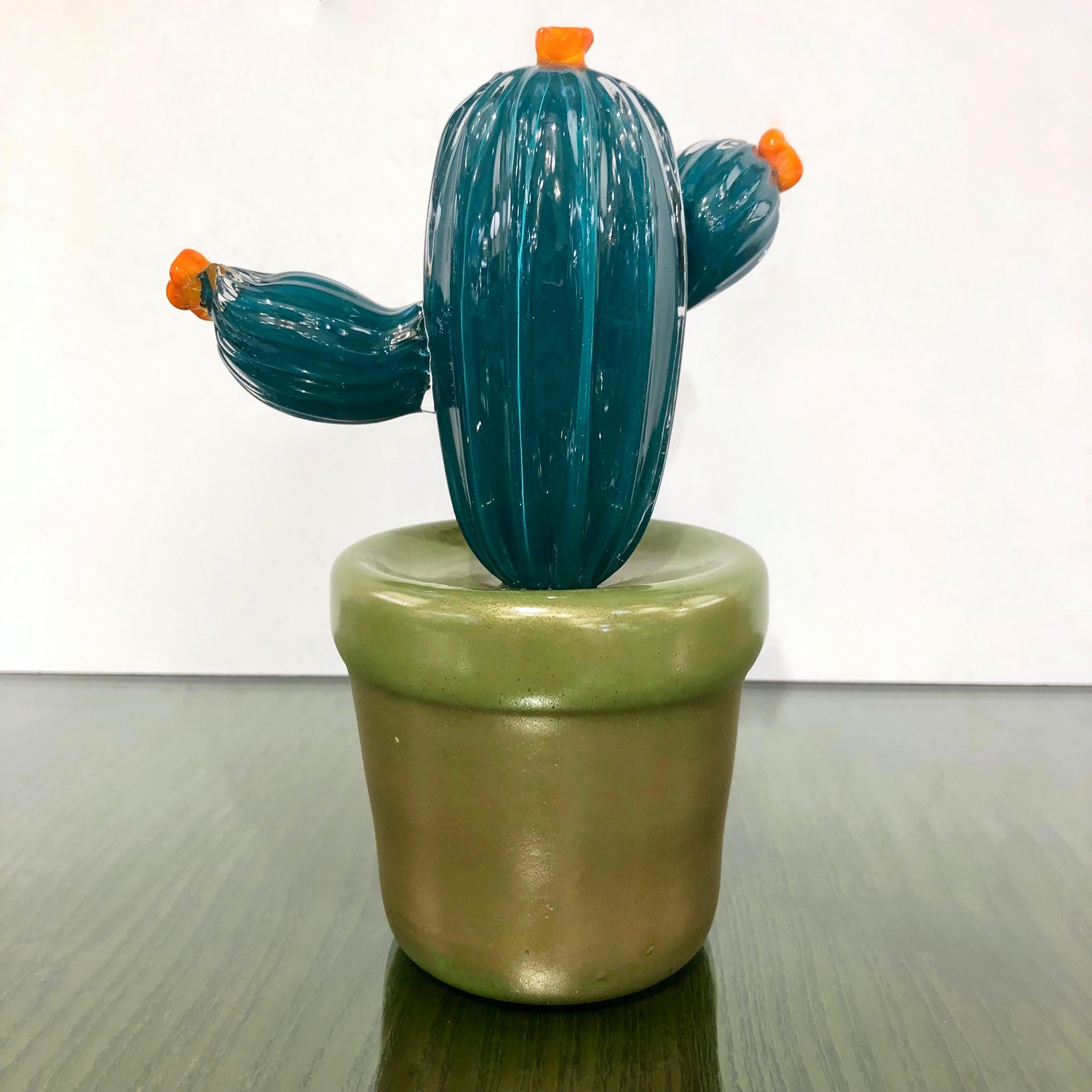 Contemporary Italian highly collectible potted glass cactus of limited edition, entirely handcrafted in Murano, with modern Minimalist design blown by Fornace Mian, with a lifelike organic modernist shape in crystal overlaid teal green textured