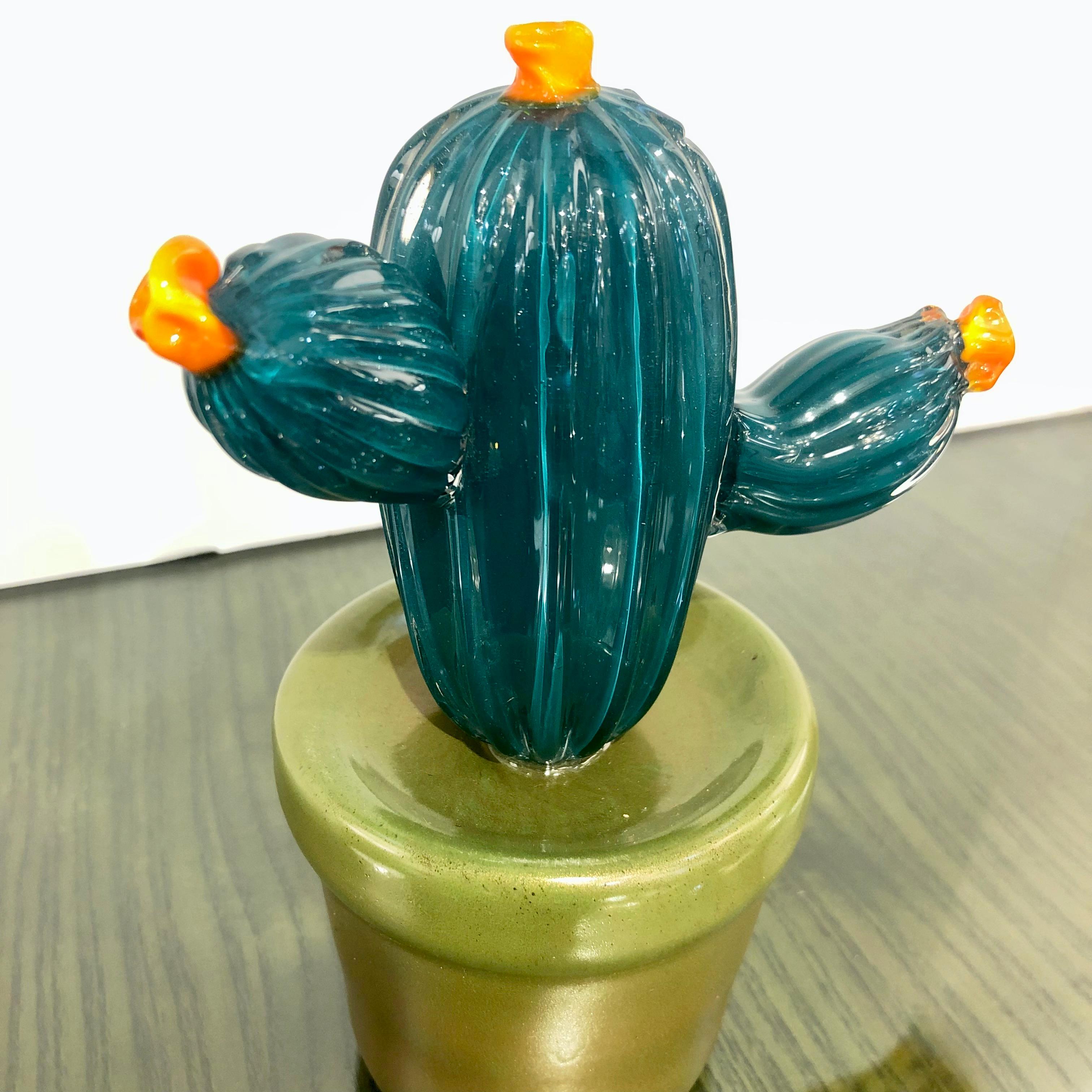 Organic Modern 2000s Italian Teal Green Gold Murano Art Glass Cactus Plant with Orange Flowers For Sale