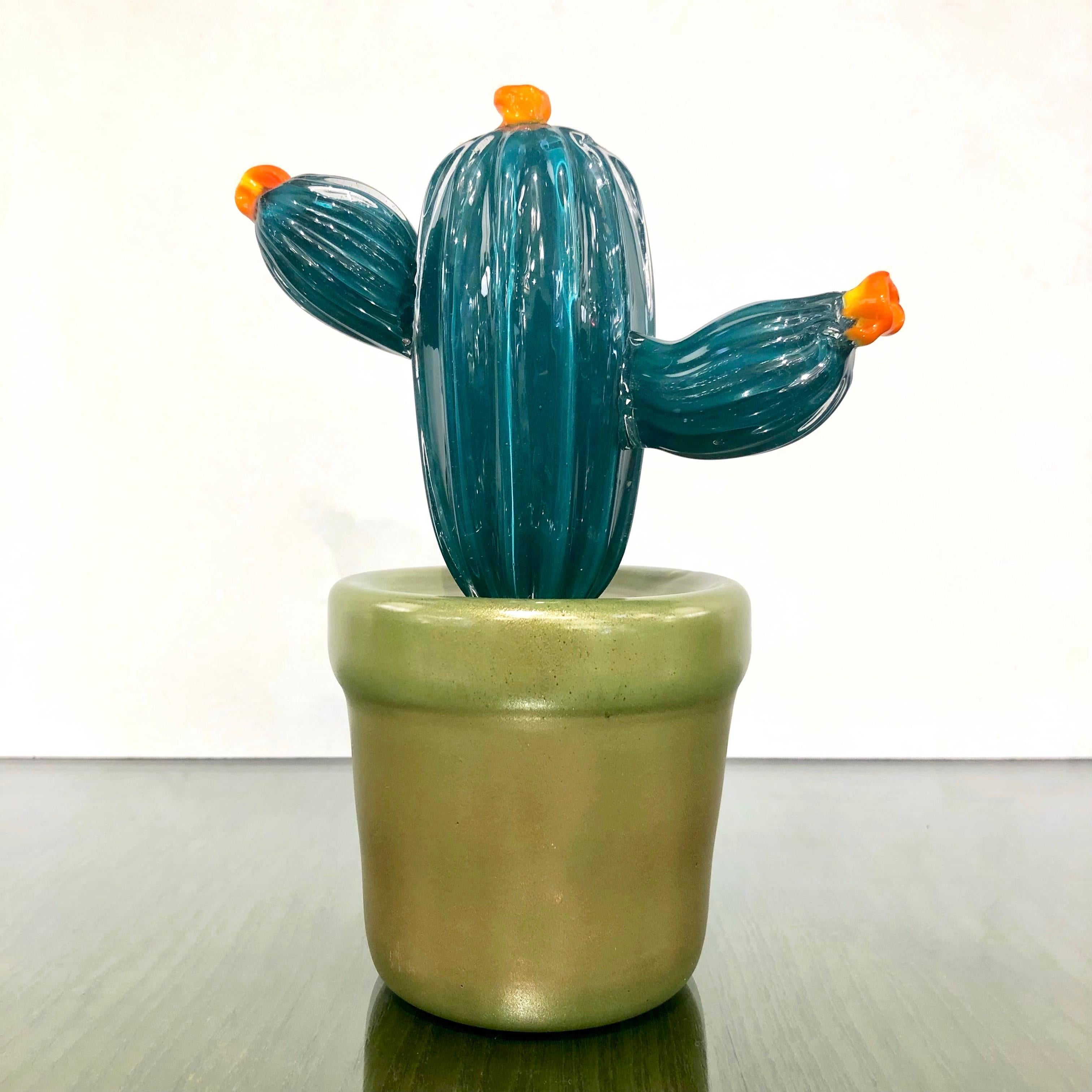 Hand-Crafted 2000s Italian Teal Green Gold Murano Art Glass Cactus Plant with Orange Flowers For Sale
