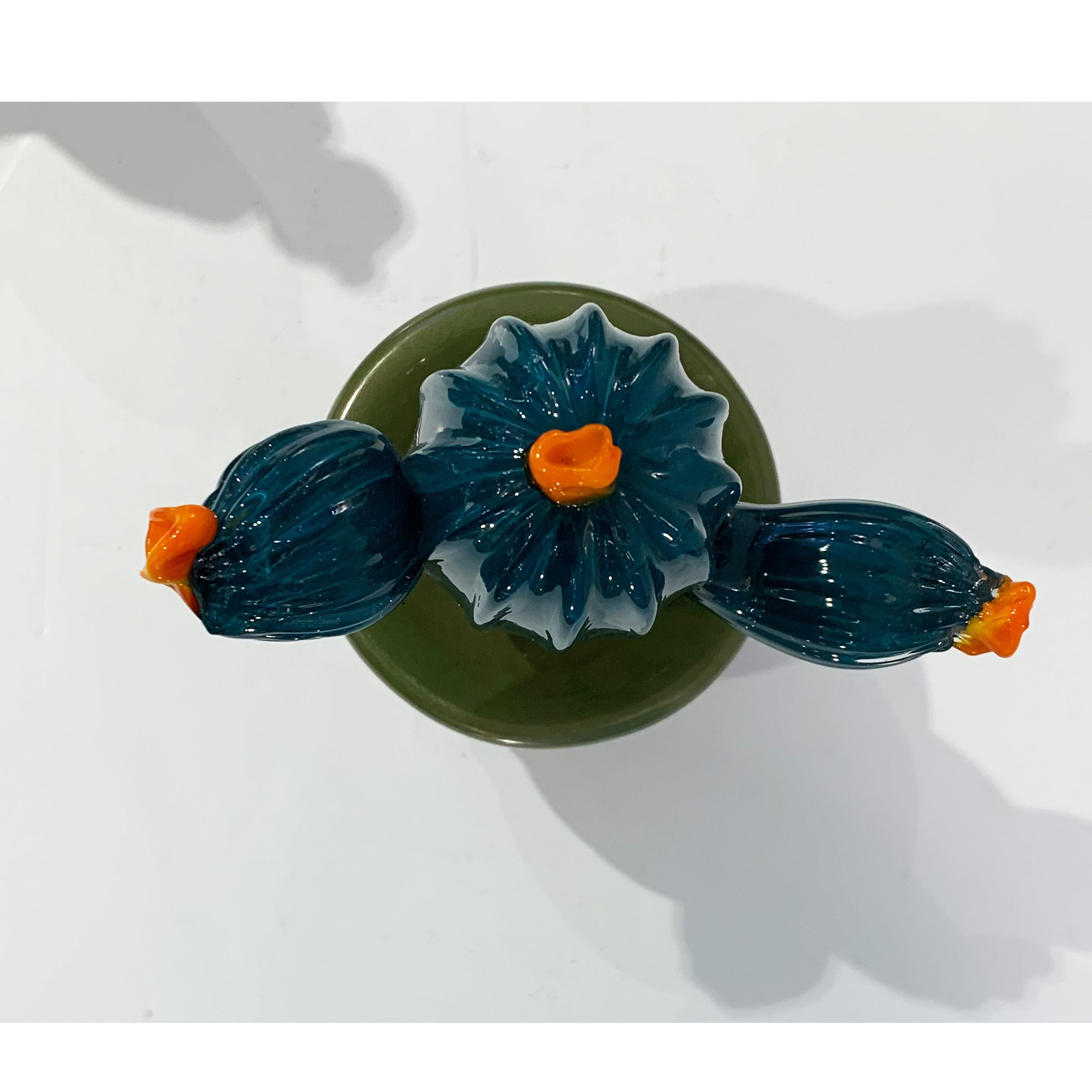 2000s Italian Teal Green Gold Murano Art Glass Cactus Plant with Orange Flowers For Sale 1