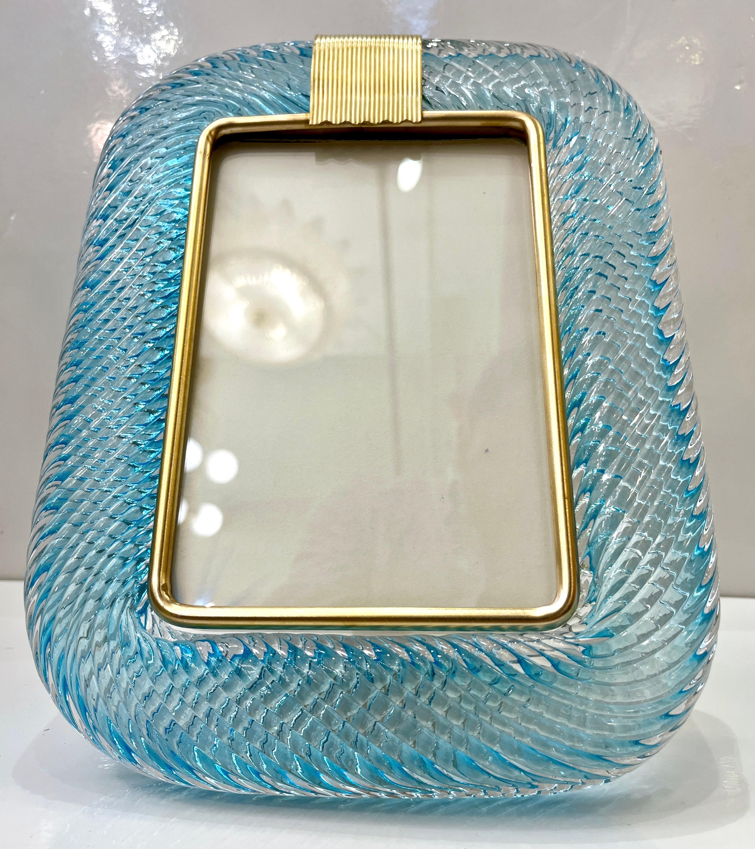 2000s Italian Vintage Aquamarine Blue Twisted Murano Glass & Brass Picture Frame For Sale 5