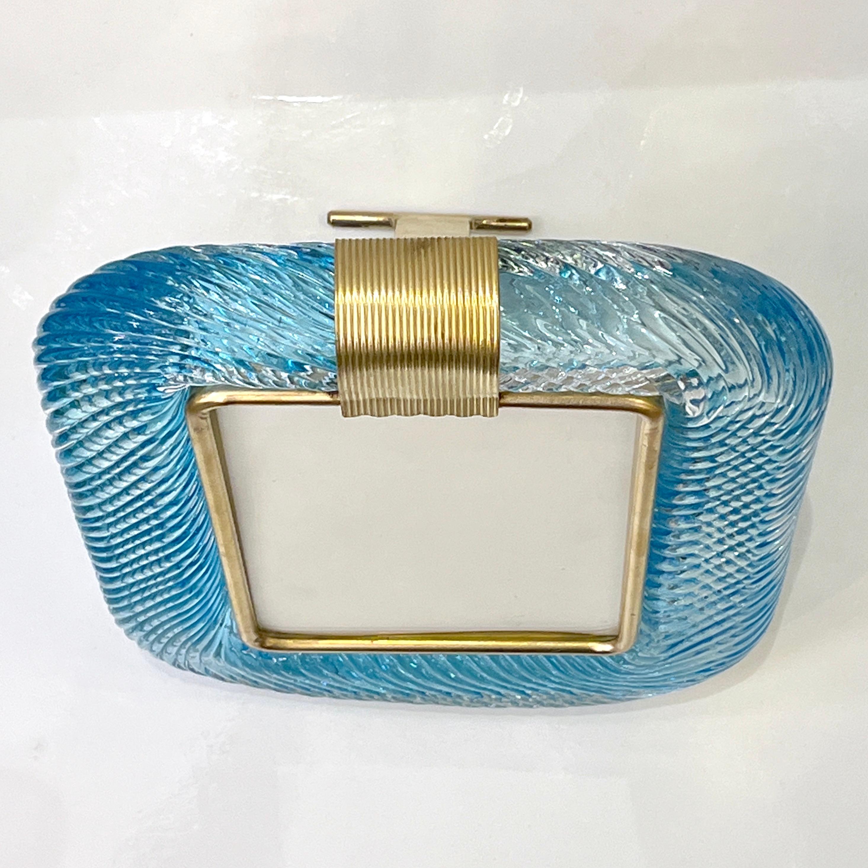2000s Italian Vintage Aquamarine Blue Twisted Murano Glass & Brass Picture Frame 7