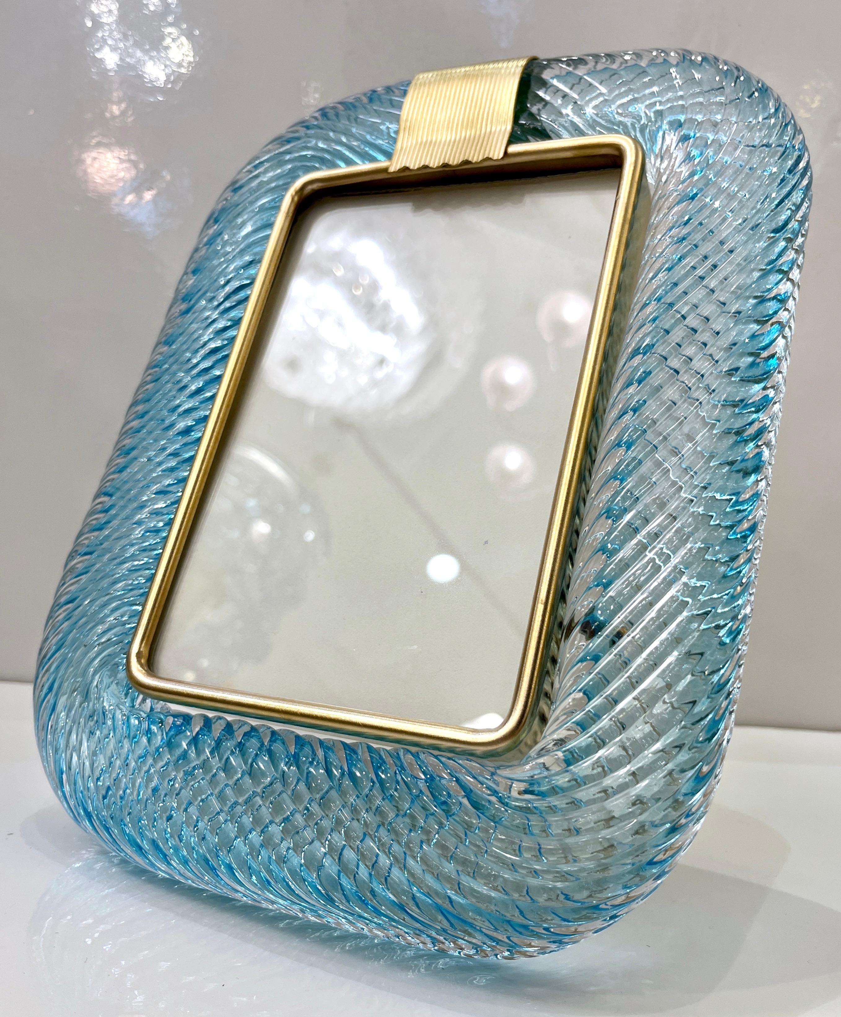 Mid-Century Modern 2000s Italian Vintage Aquamarine Blue Twisted Murano Glass & Brass Picture Frame For Sale
