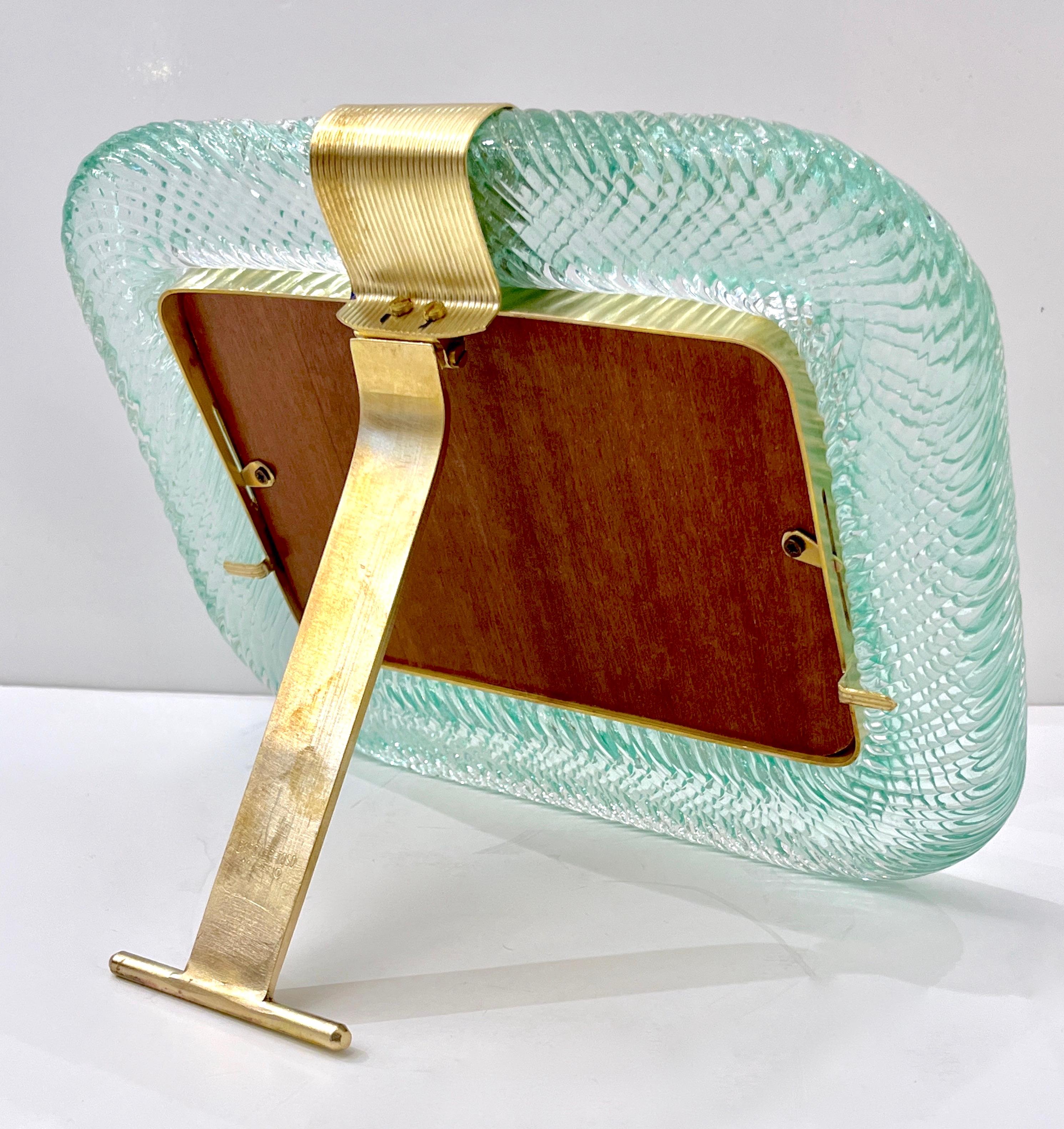 2000s Italian Vintage Aquamarine Blue Twisted Murano Glass & Brass Picture Frame In Excellent Condition In New York, NY