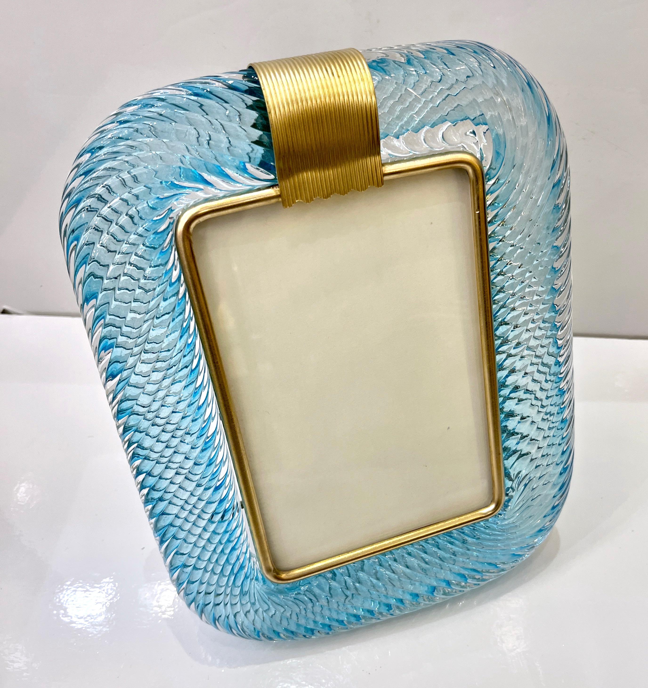 Hand-Carved 2000s Italian Vintage Aquamarine Blue Twisted Murano Glass & Brass Picture Frame