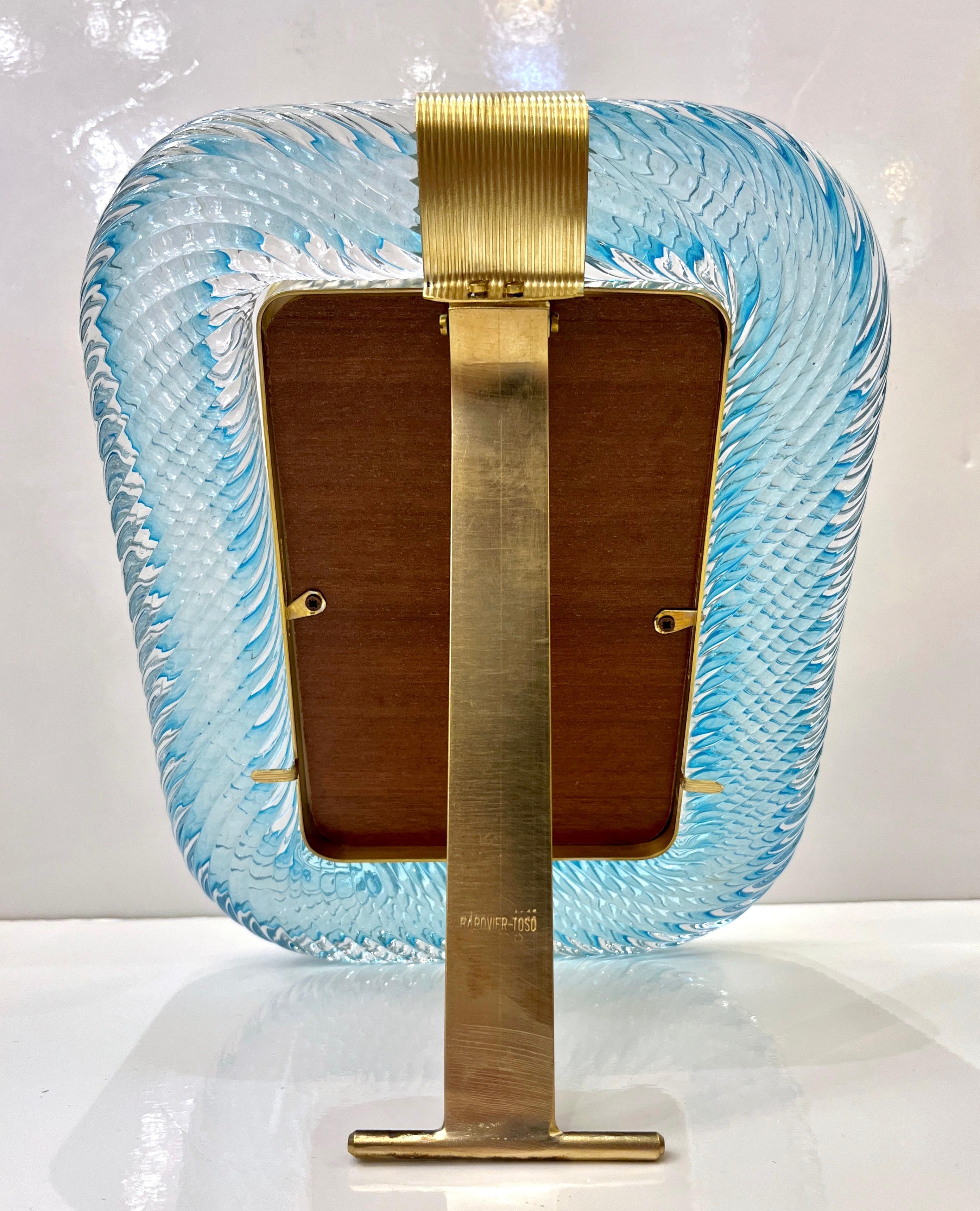 2000s Italian Vintage Aquamarine Blue Twisted Murano Glass & Brass Picture Frame For Sale 2