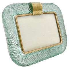 Cadre photo vintage italien en verre de Murano torsadé bleu aigue-marine et laiton, années 2000