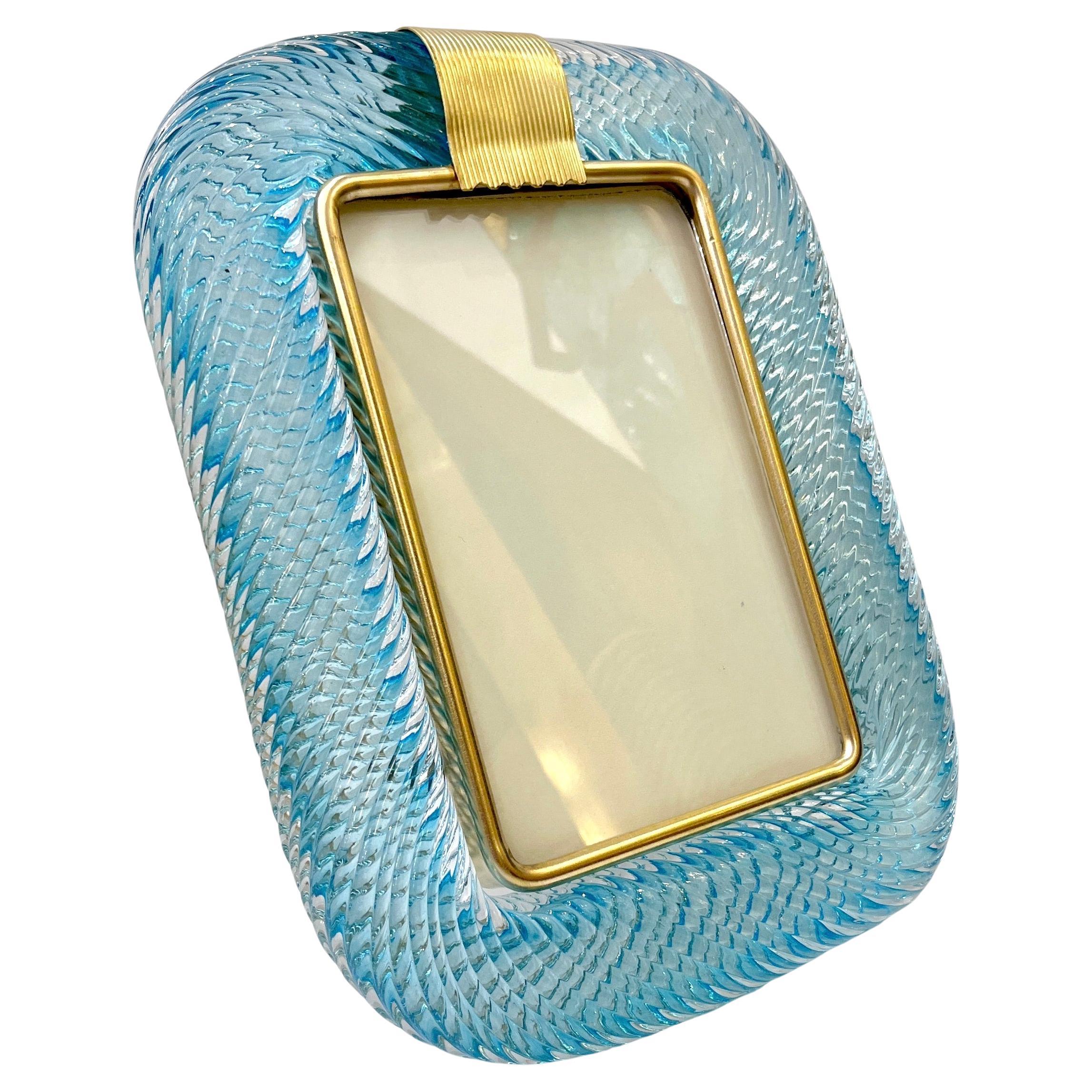 2000s Italian Vintage Aquamarine Blue Twisted Murano Glass & Brass Picture Frame For Sale