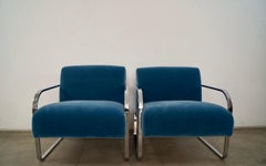 2000's Italian Williams Sonoma Polished Nickel & Mohair Lounge Chairs - a Pair