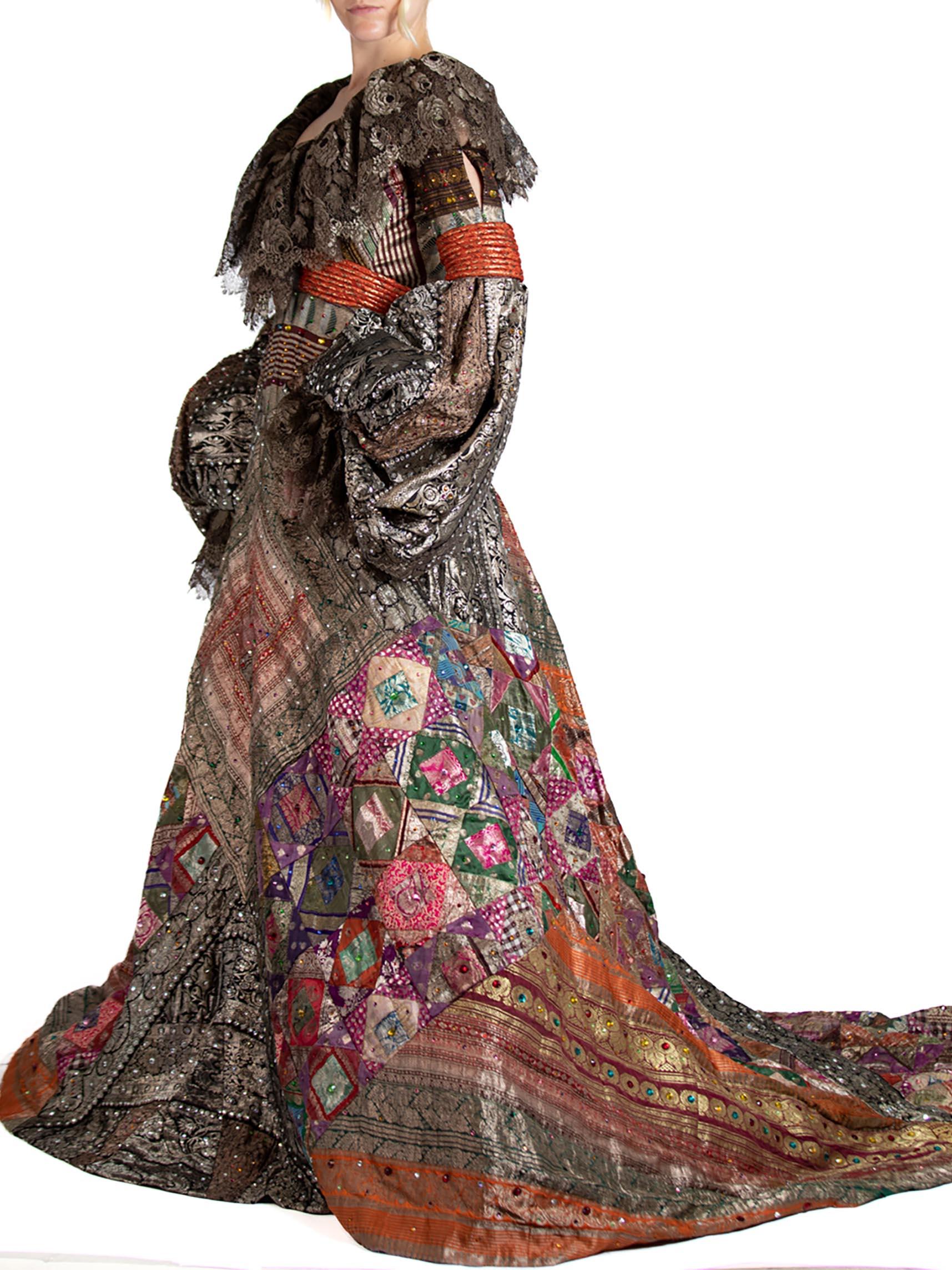2000S JEAN LOUIS SCHERRER HAUTE COUTURE Gown In Antique Indian Metallic Silk Wi In Excellent Condition For Sale In New York, NY
