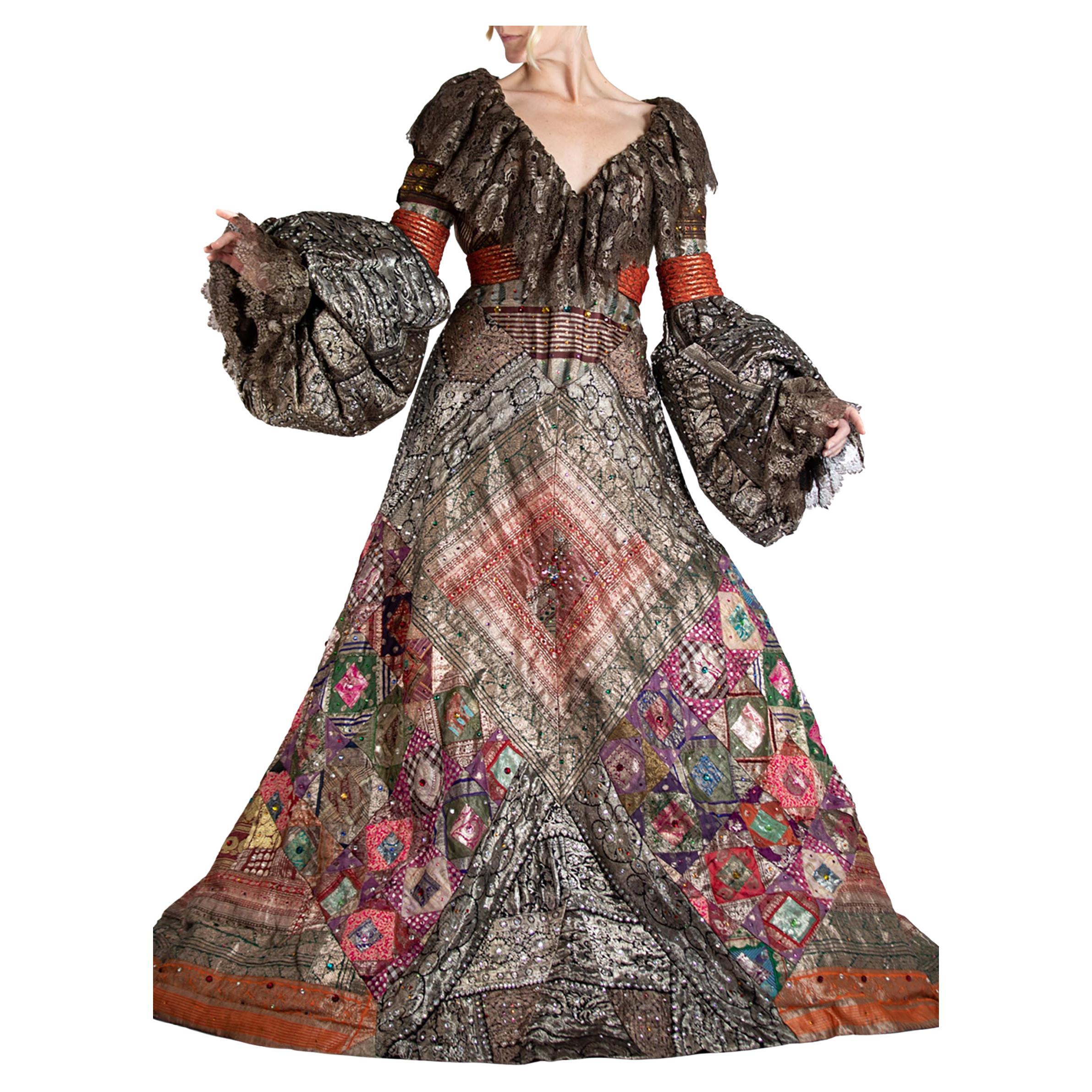 2000S JEAN LOUIS SCHERRER HAUTE COUTURE Gown In Antique Indian Metallic Silk Wi For Sale