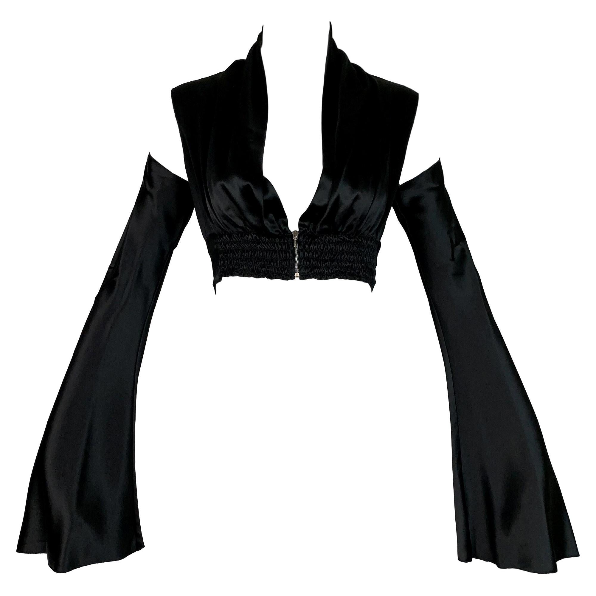 2000's Jean Paul Gaultier Black Satin Crop Top w Crystal Chain Straps