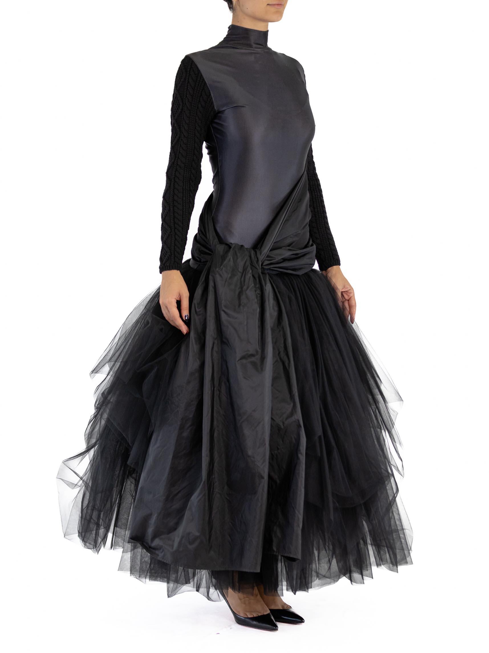 2000S JEAN PAUL GAULTIER Black Silk Knit Sleeves & Tulle Skirt Gown In Excellent Condition For Sale In New York, NY
