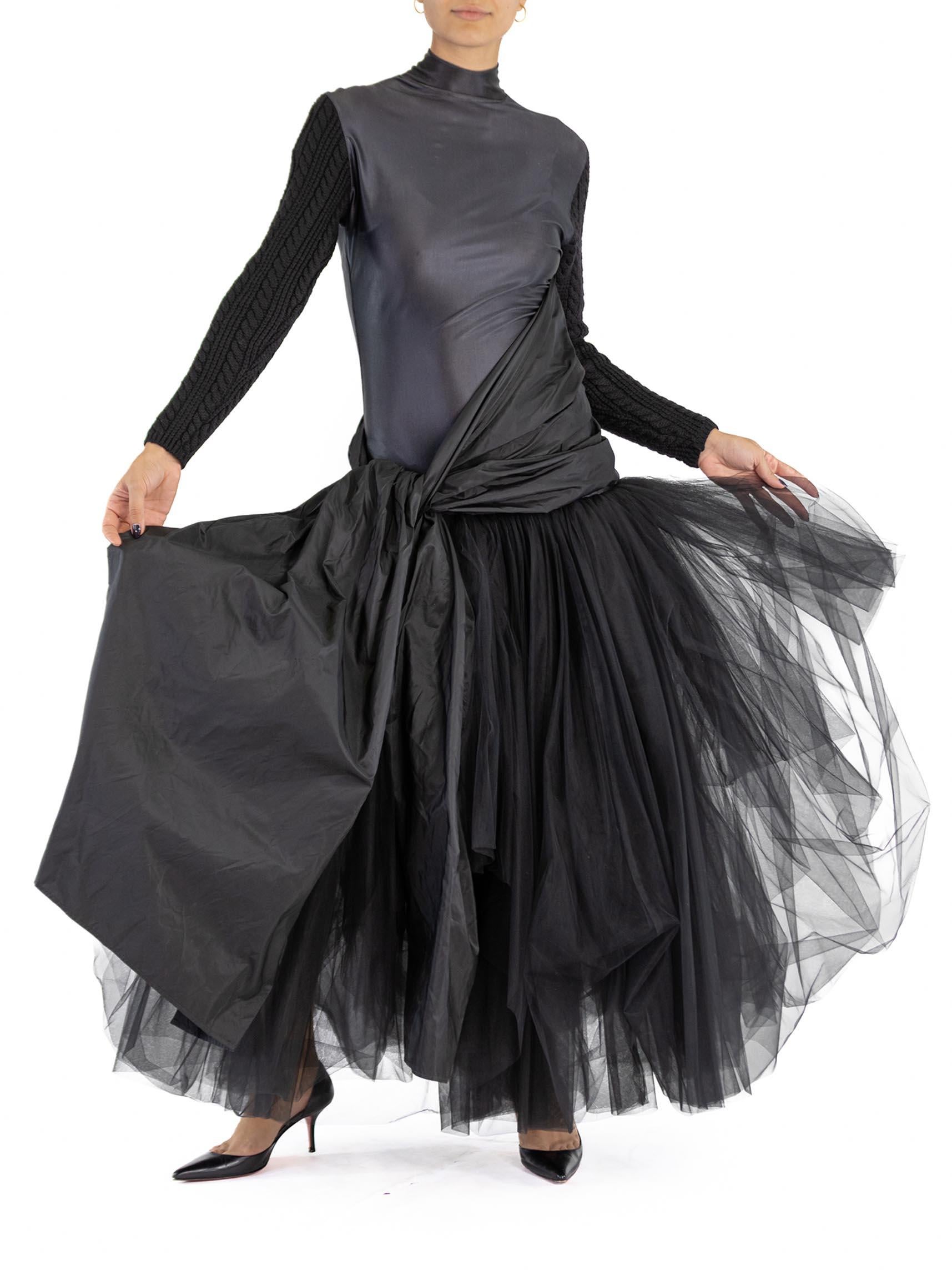 2000S JEAN PAUL GAULTIER Black Silk Knit Sleeves & Tulle Skirt Gown For Sale 1