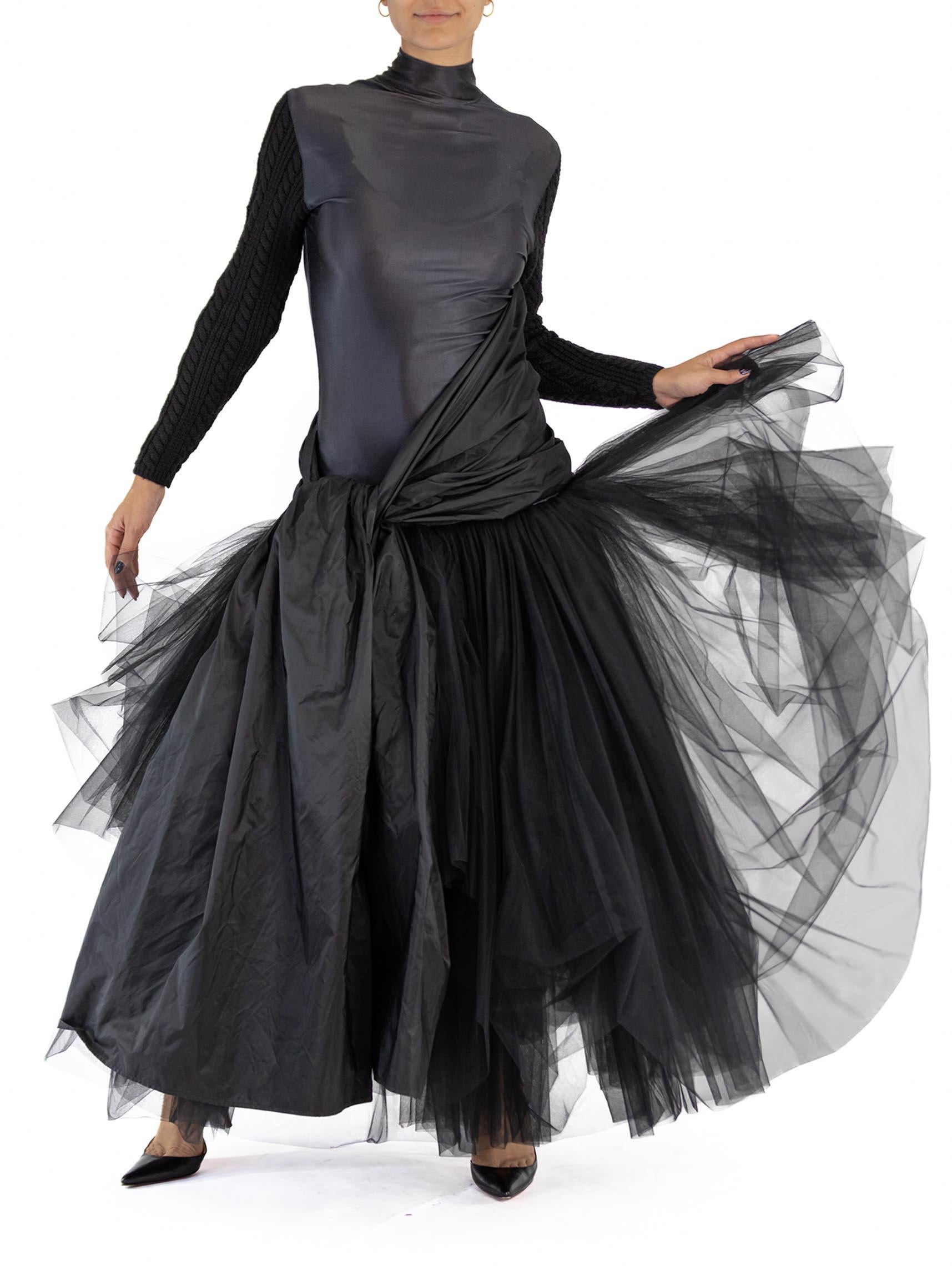 2000S JEAN PAUL GAULTIER Black Silk Knit Sleeves & Tulle Skirt Gown For Sale 2