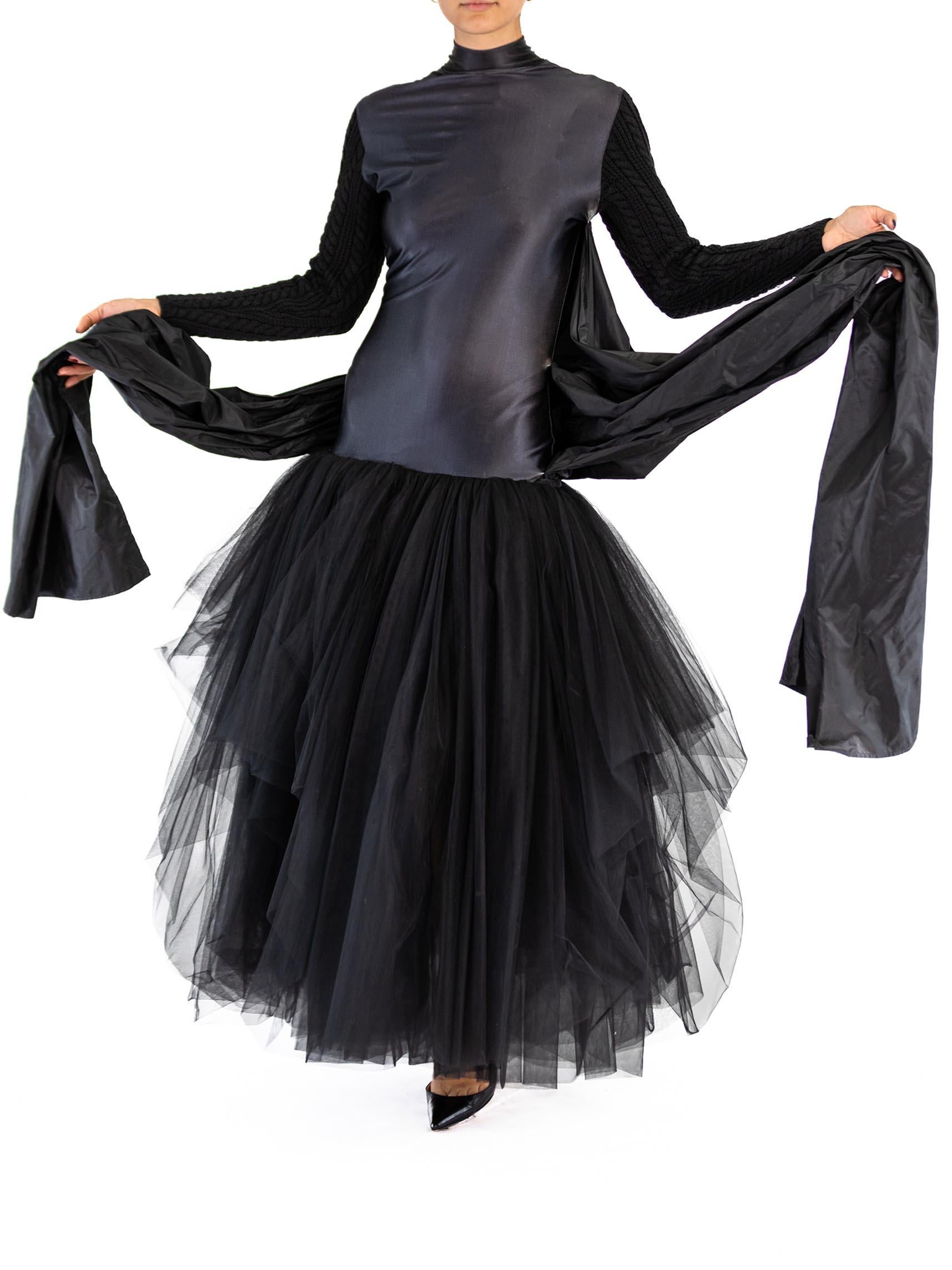 2000S JEAN PAUL GAULTIER Black Silk Knit Sleeves & Tulle Skirt Gown For Sale 3