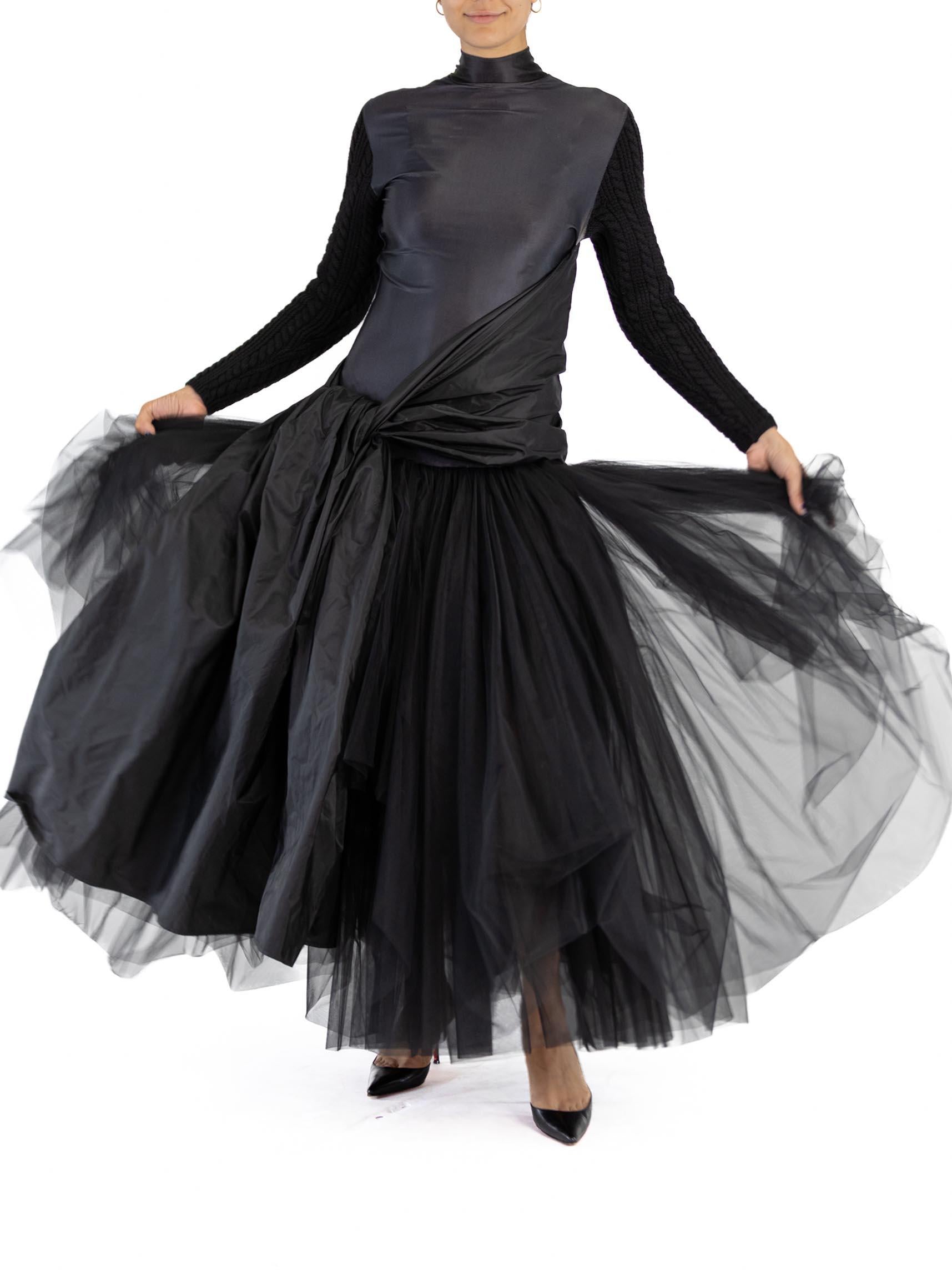 2000S JEAN PAUL GAULTIER Black Silk Knit Sleeves & Tulle Skirt Gown For Sale 6