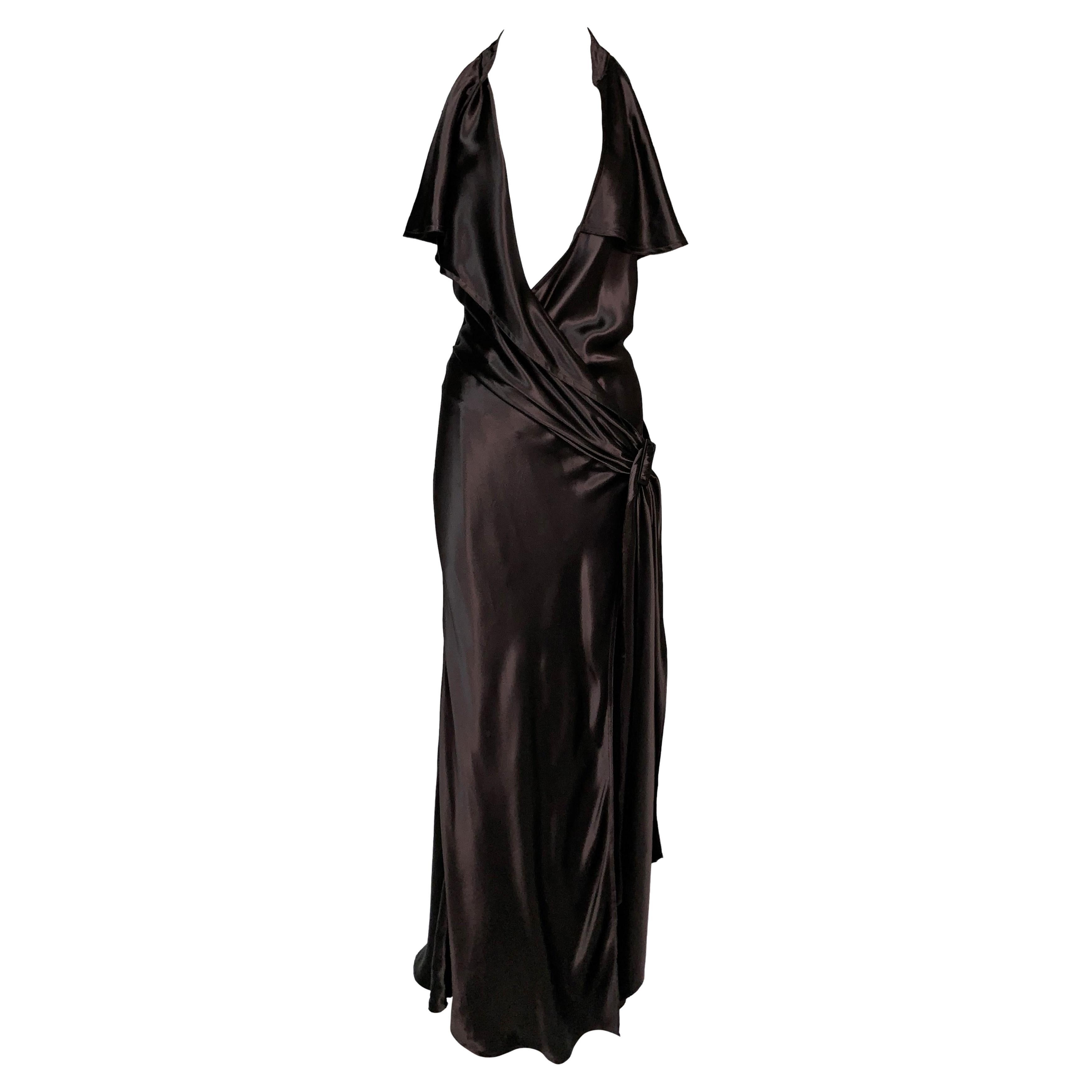 2000's Jean Paul Gaultier Brown Satin Plunging Cut-Out Gown Dress