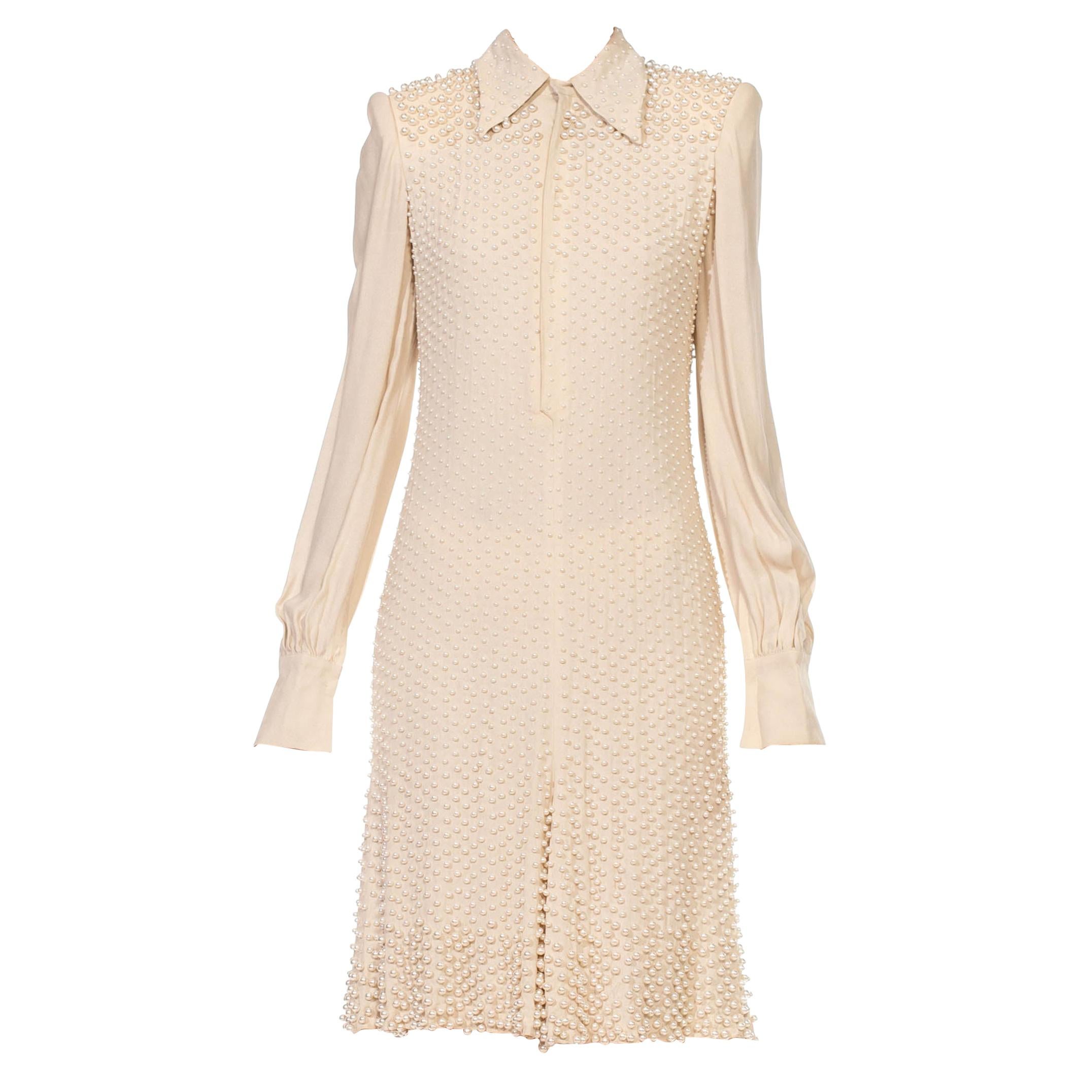 2000S JEAN PAUL GAULTIER Cream Silk Long Sleeved Cocktail Dress Covered In Pear For Sale