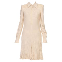 2000S JEAN PAUL GAULTIER Cream Silk Long Sleeved Cocktail Dress Covered In Pear