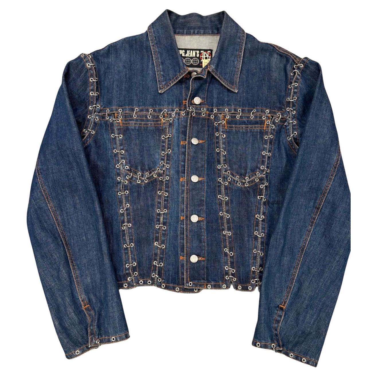 2000s Jean Paul Gaultier pierced patchwork denim jacket For Sale