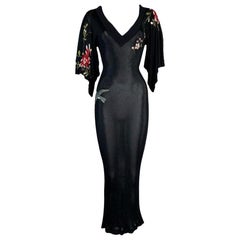 2000's Jean Paul Gaultier Plunging Sheer Black Embroidered Kimono Long Dress