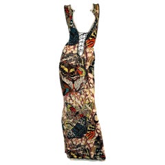 Jean Paul Gaultier aus den 2000er Jahren:: elastisches Wiggle-Kleid mit tiefem:: geschnürtem Schmetterlingsdruck