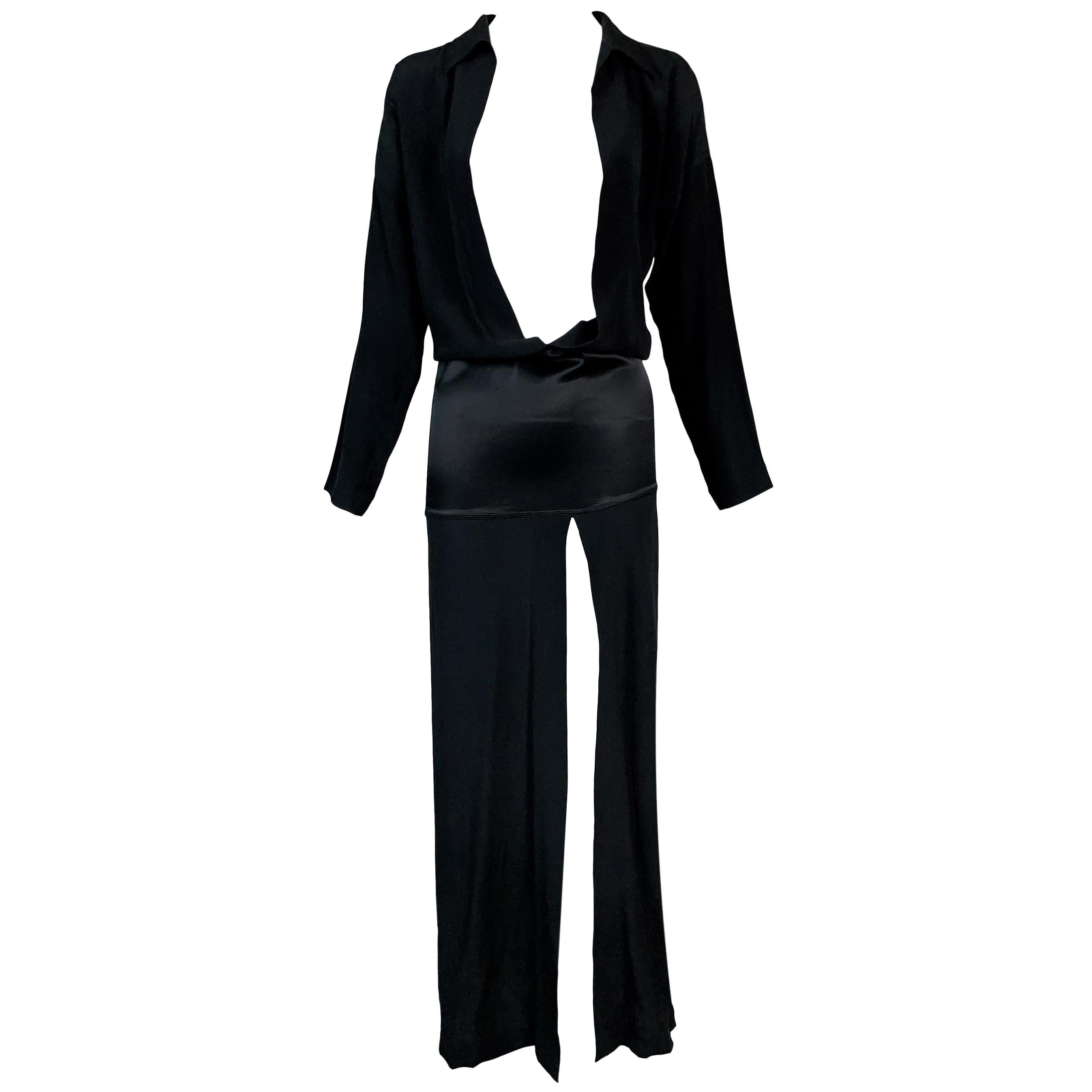 2000's Jean Paul Gaultier Semi-Sheer Black Silk Plunging Drop Waist Long Dress