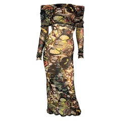 Jean Paul Gaultier - Robe longue transparente, épaules dénudées, en maille avec motif papillon, taille M, années 2000
