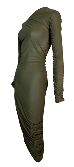 2000's Jean Paul Gaultier Sheer Green Asymmetrical Off Shoulder Ruched Dress