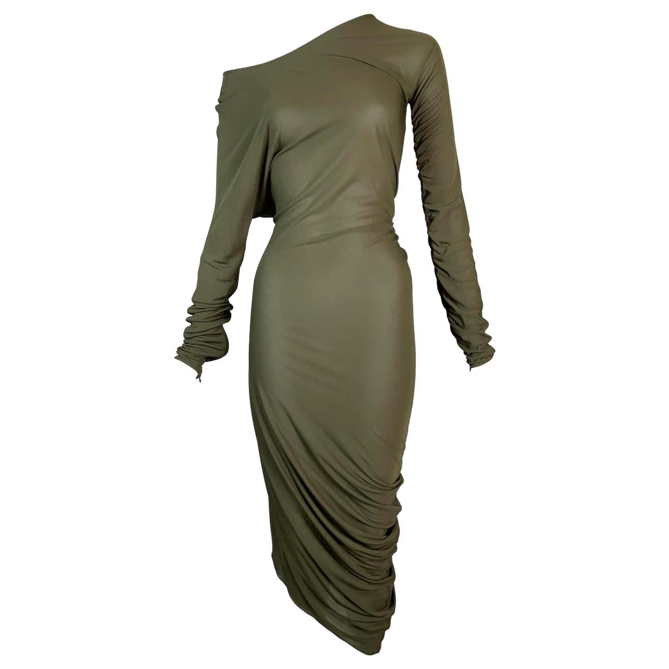 2000's Jean Paul Gaultier Sheer Green Asymmetrical Off Shoulder Ruched ...