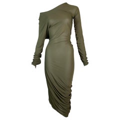 Robe asymétrique froncée à épaules dénudées verte transparente Jean Paul Gaultier des années 2000