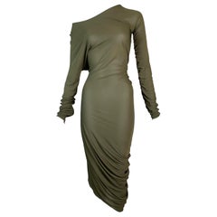 2000's Jean Paul Gaultier Sheer Green Asymmetrical Off Shoulder Ruched Dress