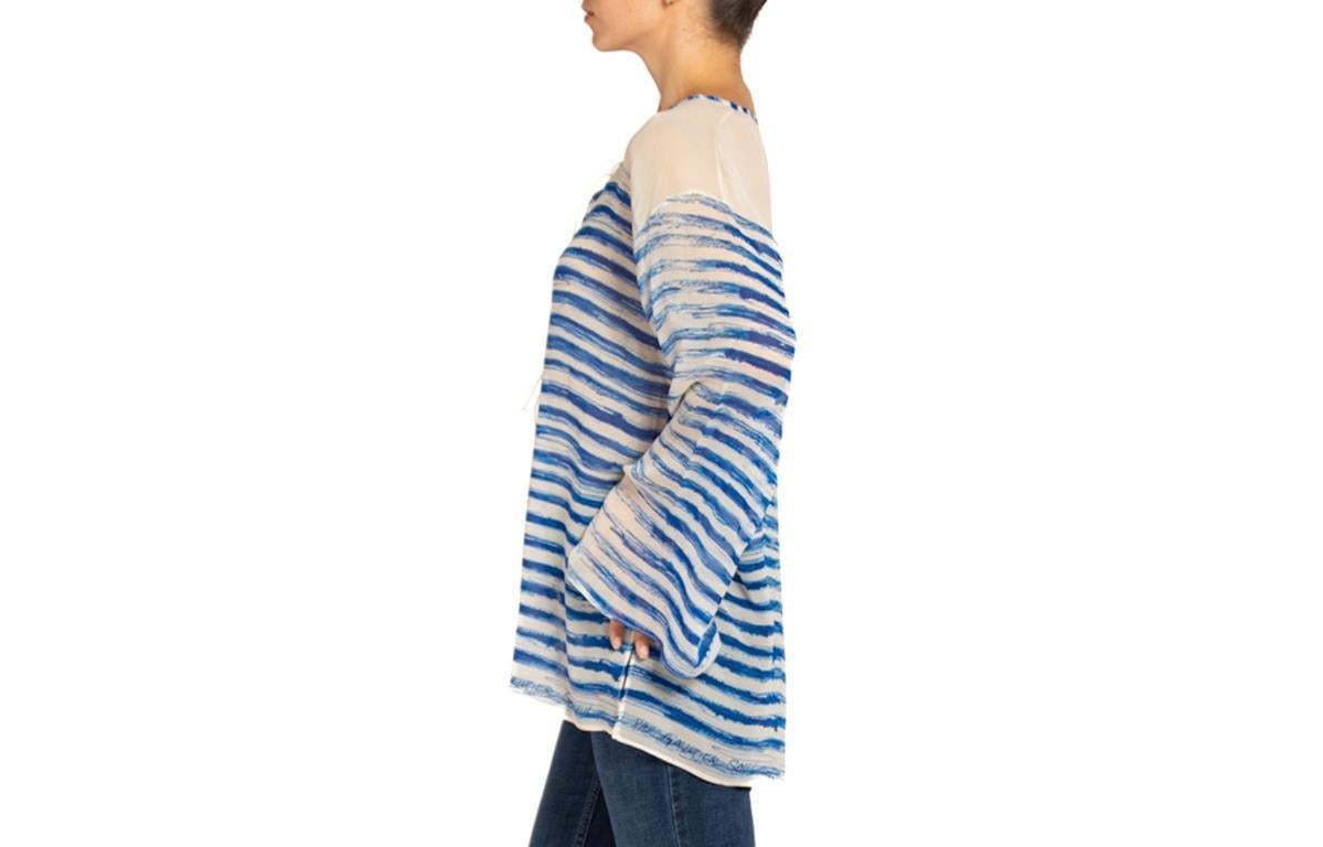 2000S JEAN PAUL GAULTIER White & Blue Silk Sailor Striped Blouse In Excellent Condition For Sale In New York, NY