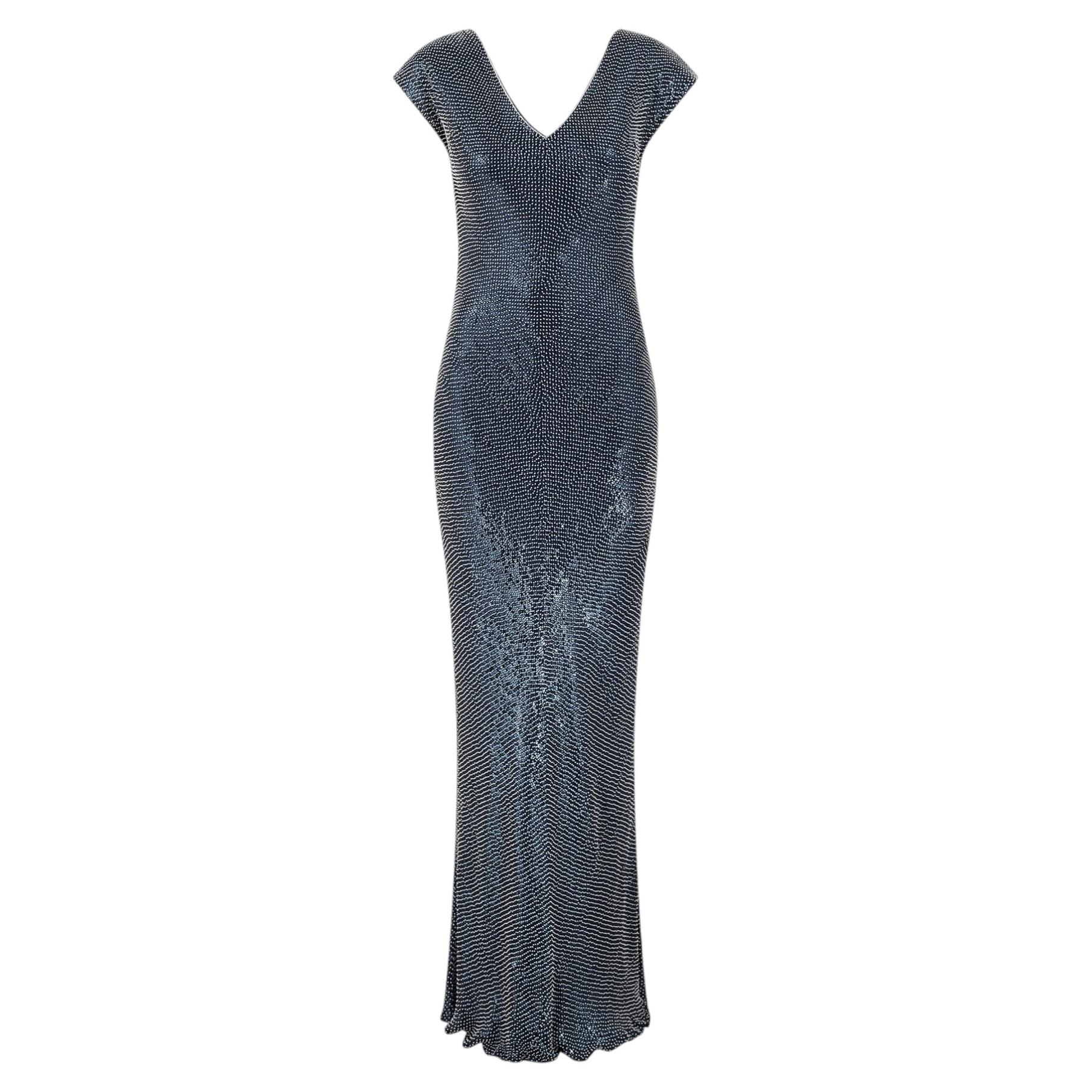 2000s Jenny Packham Navy White Sequin and Beaded Column Dress For Sale