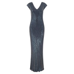 2000s Jenny Packham Navy White Sequin and Beaded Column Dress