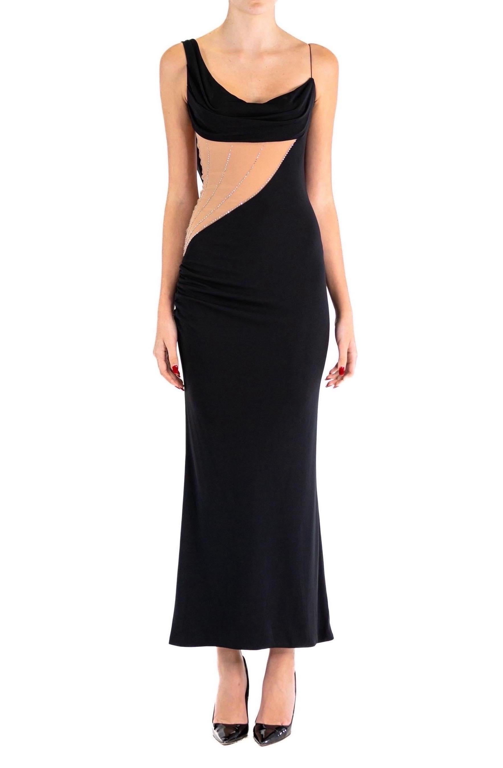 Structured Padded Bra Top 2000S JIKI Black Slinky Rayon Jersey One Shoulder Gown With Crystal Studded Nude Mesh Cutout 