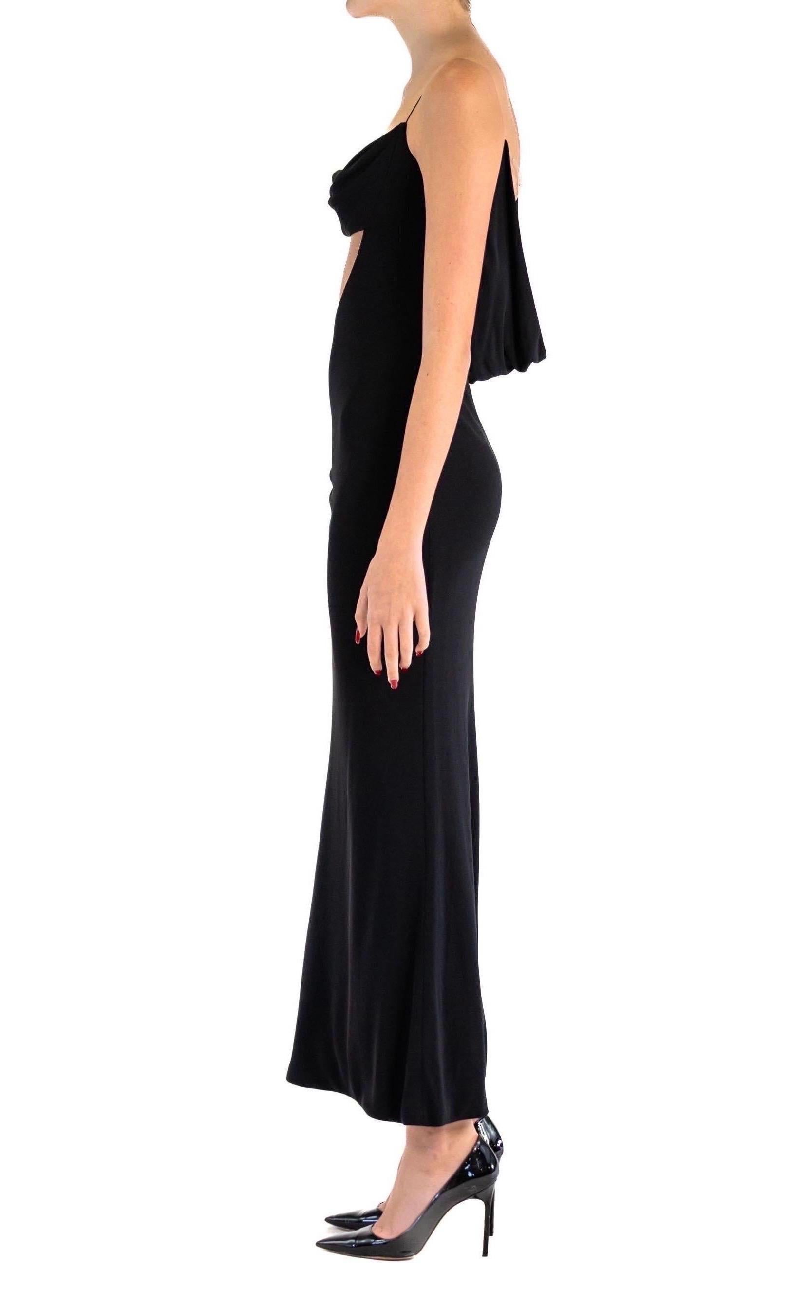2000S JIKI Black Slinky Rayon Jersey One Shoulder Gown With Crystal Studded Nud In Excellent Condition For Sale In New York, NY
