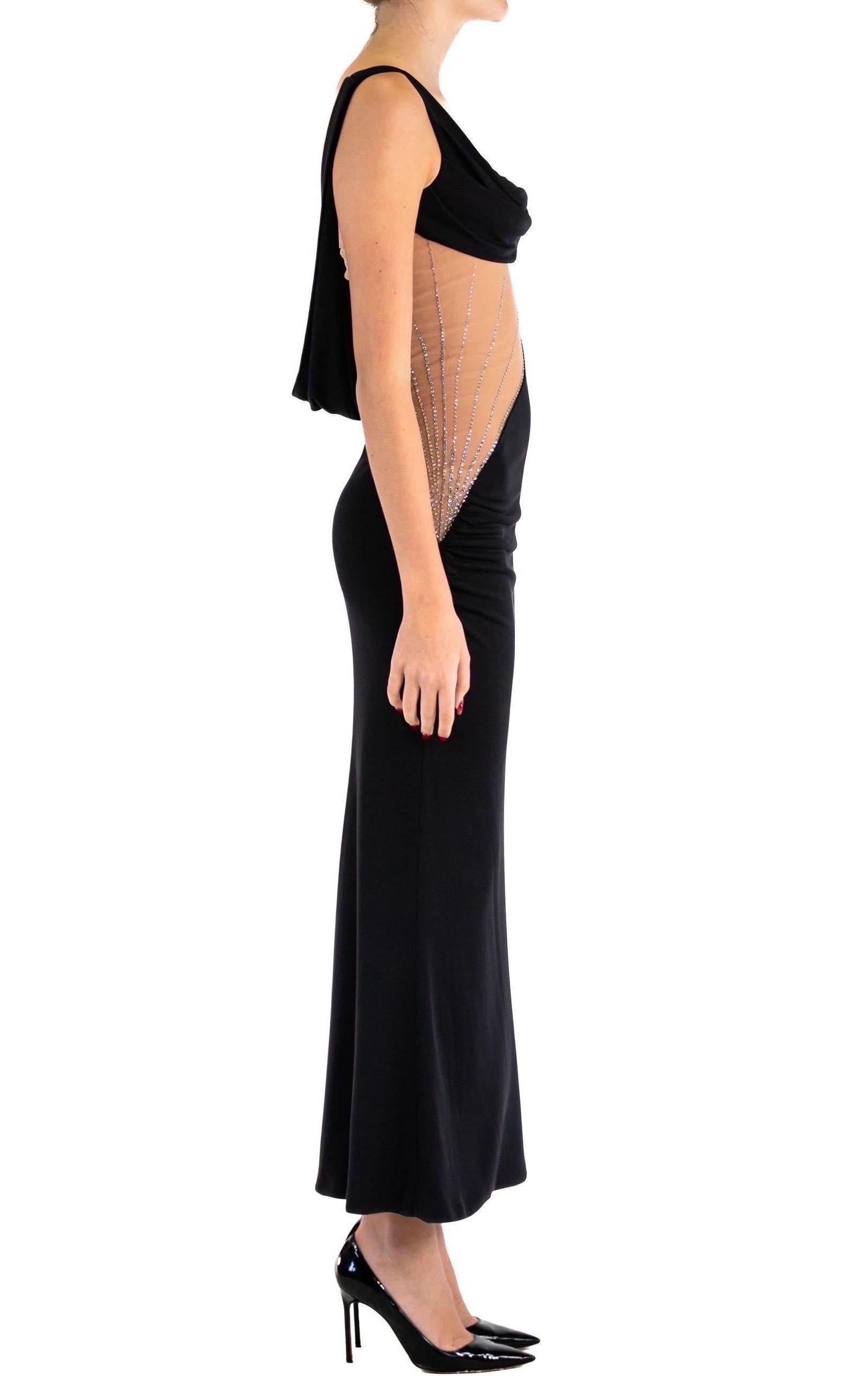 Women's or Men's 2000S JIKI Black Slinky Rayon Jersey One Shoulder Gown With Crystal Studded Nud For Sale